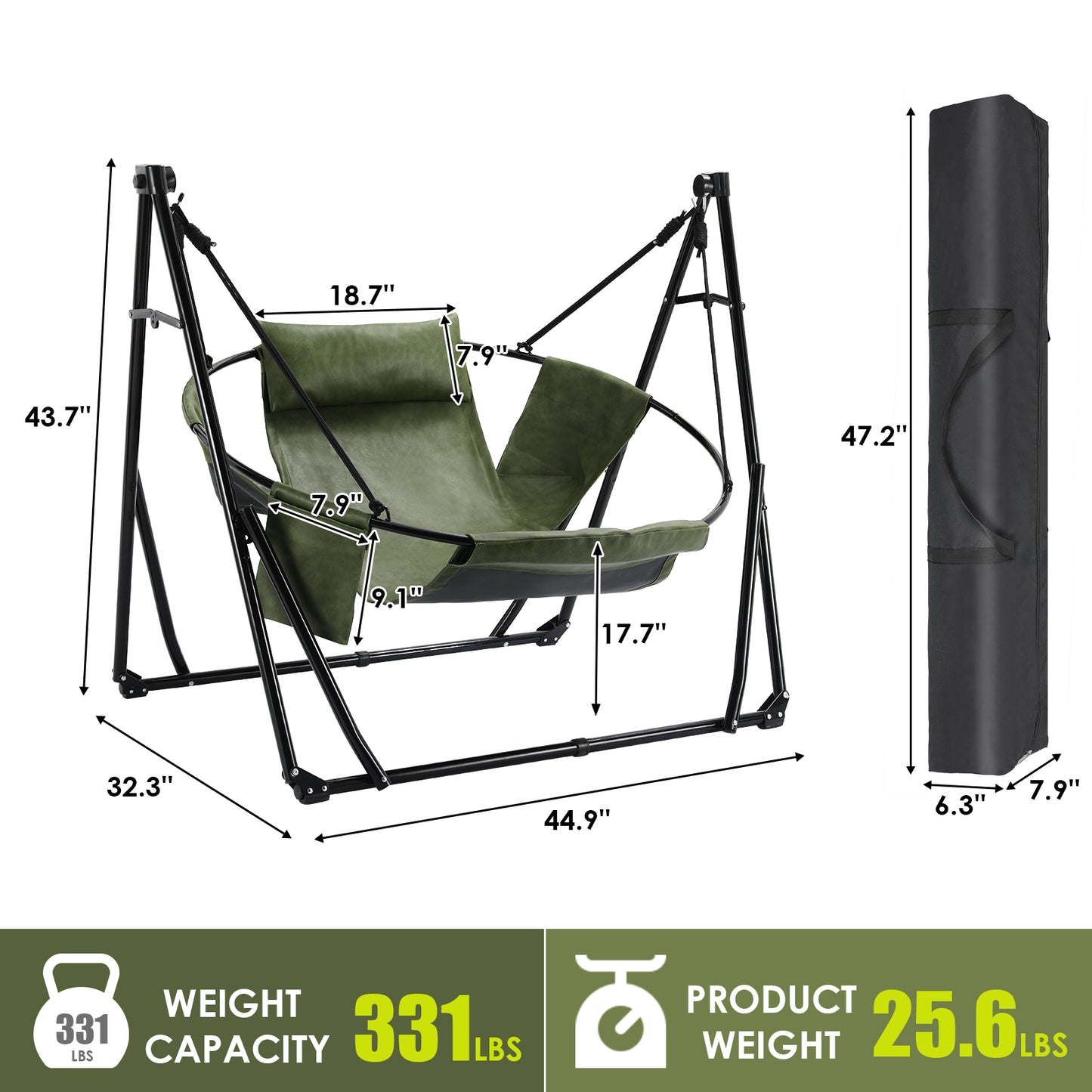 LAZY BUDDY 3 in 1 Collapsible PU Leather Swing Chair with 6-level Adjustable Hammock Stand, Steel Stand, Garden Yard Inhouse Outdoor 331lbs Capacity