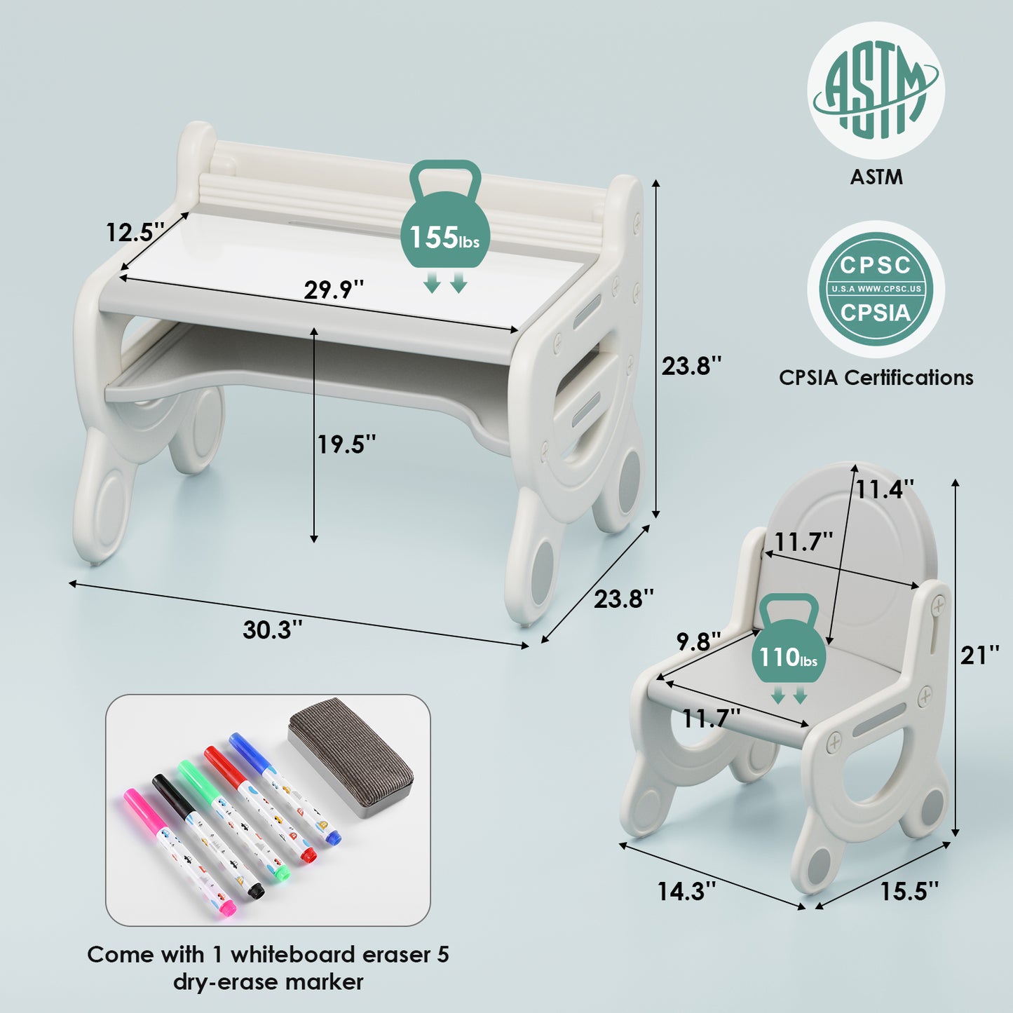 LAZY BUDDY Kids Table and Chair Set, Plastic Activity Table w/Erasable Tabletop, Toddler Draw & Play Desk with Watercolor Pens, Blackboard Eraser & Storage Shelf for Drawing, Reading, Playing, Eating