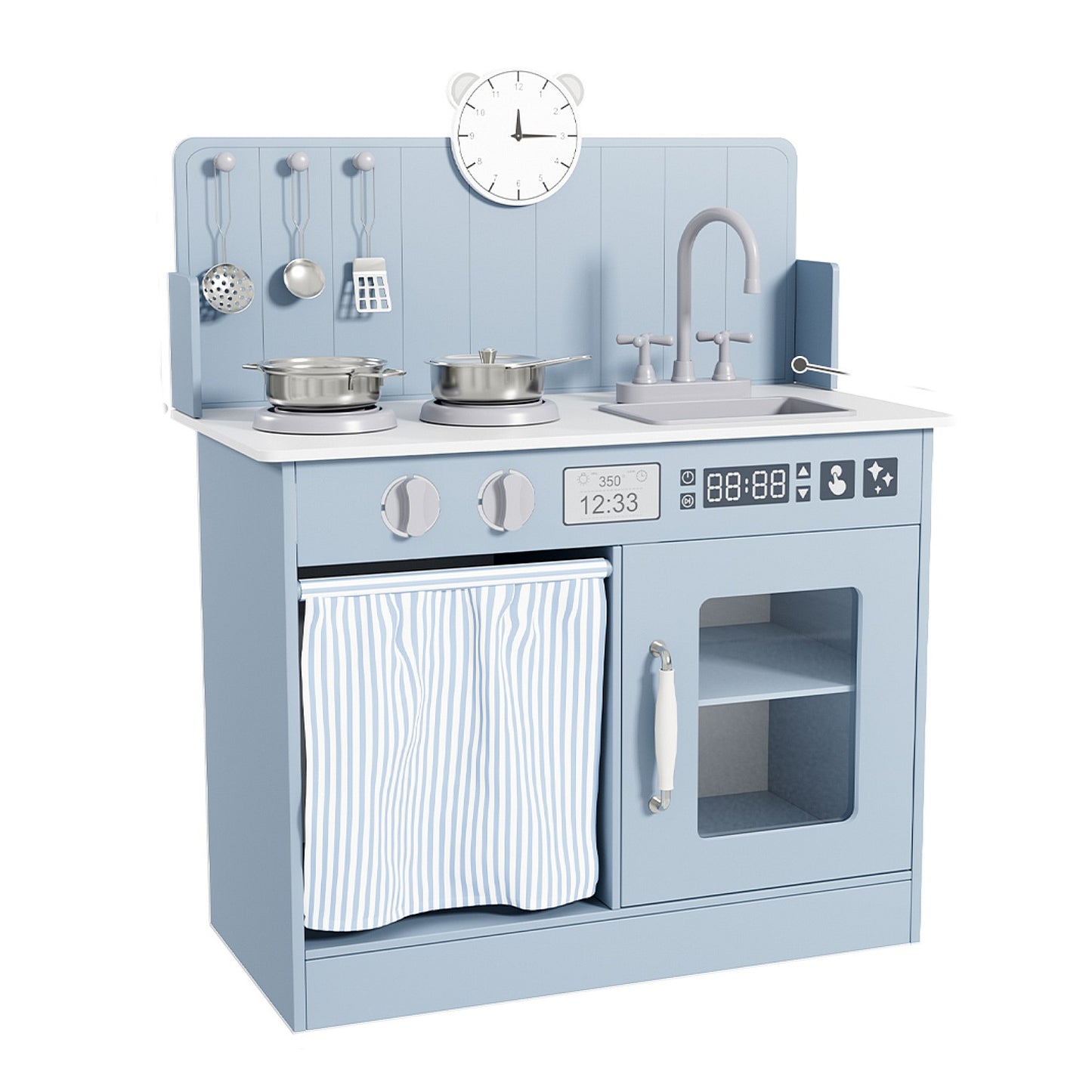 LAZY BUDDY Kids Play Kitchen, Wooden Kitchen Playset for Toddlers Interactive Pretend Play Toy with Clicking Knobs, Sink & Clock