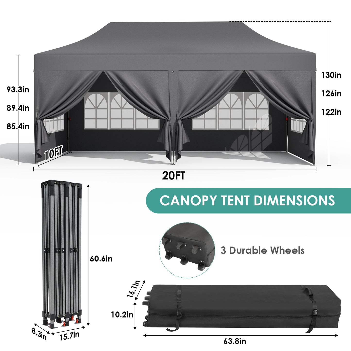 LAZY BUDDY 10' x 20' Ez Pop Up Canopy Tent, Heavy Duty Outdoor Canopy Tent Folding Instant Shelter, Wedding Party Large Gazebo with Sidewalls, Adjustable Height