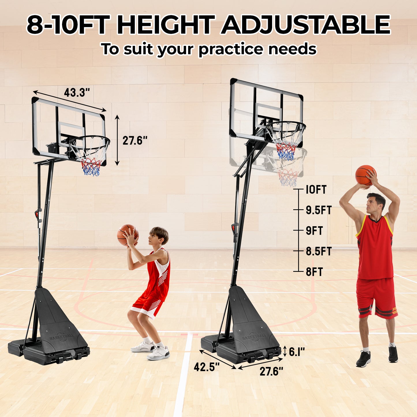 LAZY BUDDY 44" Portable Basketball Hoop Goal Basketball Hoop System Height Adjustable 8-10 FT In/Outdoor PE Backboard Material