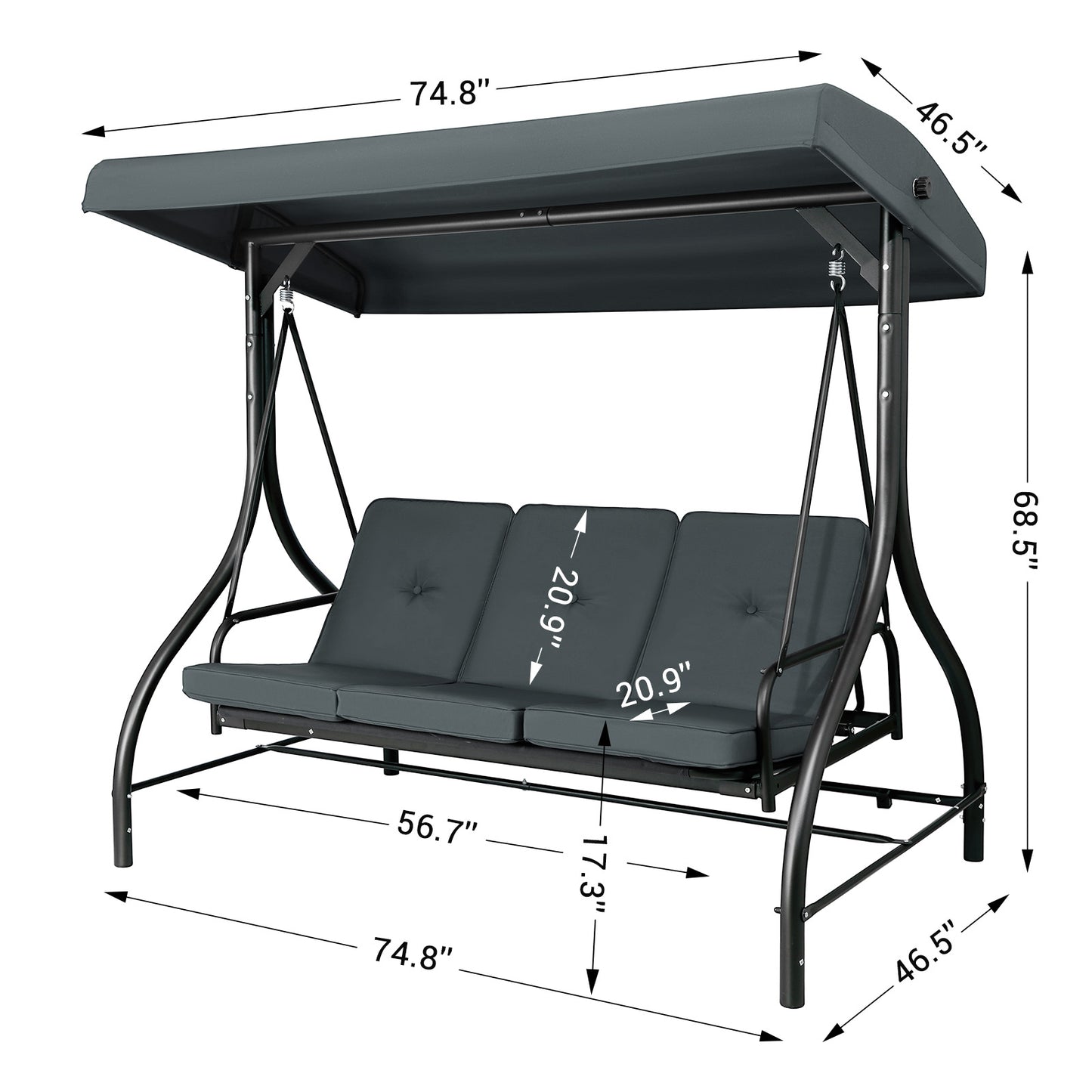 LAZY BUDDY Outdoor Patio Swing Chair, 3 Person Porch Swing with Adjustable Canopy, Removable Cushion for Outdoor Backyard, Garden, Poolside, Gray