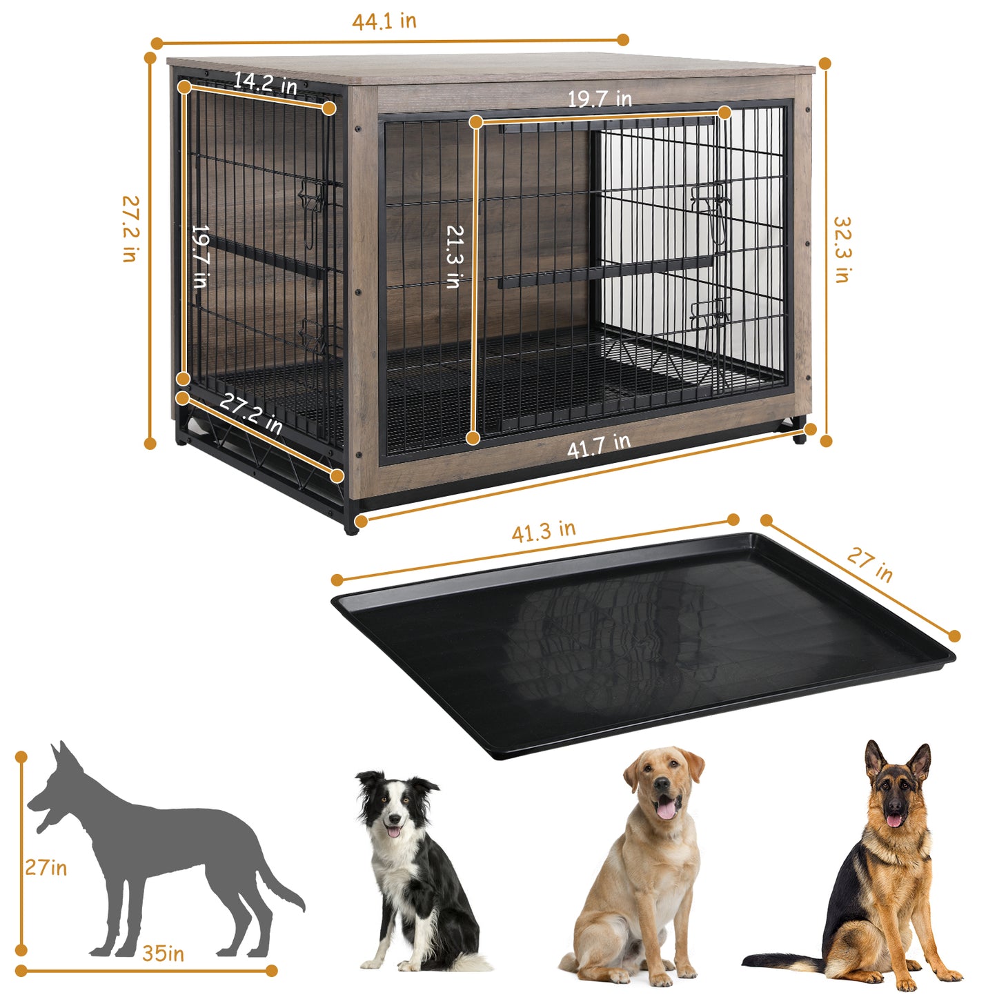 LAZY BUDDY Dog Crate Furniture, 44.1" Wooden Dog Kennel, Double Doors Modern Side End Table for Medium/Large/Small Dog, Griege