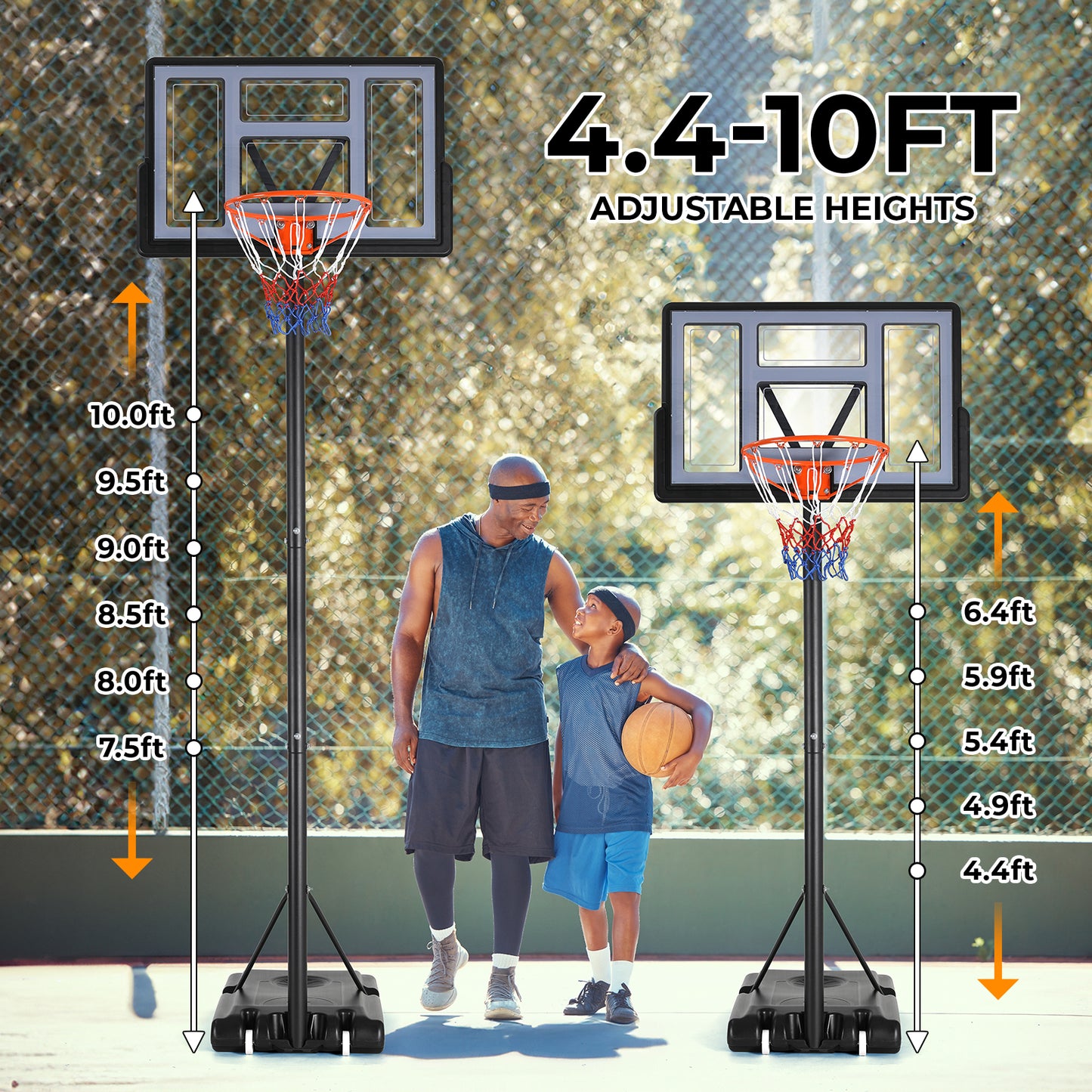 LAZY BUDDY Basketball Hoop, Outdoor Portable Basketball Goal System, 4.4-10 ft Height Adjustable for Kids Teen and Adult, with Wheels and Shatterproof