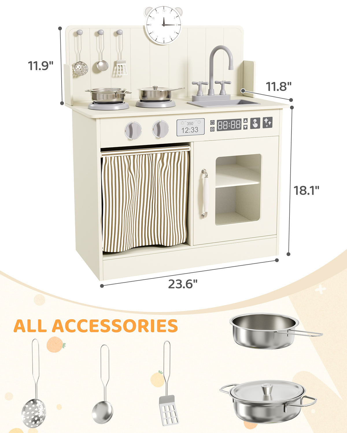LAZY BUDDY Kids Play Kitchen, Wooden Kitchen Playset for Toddlers Interactive Pretend Play Toy with Clicking Knobs, Sink & Clock