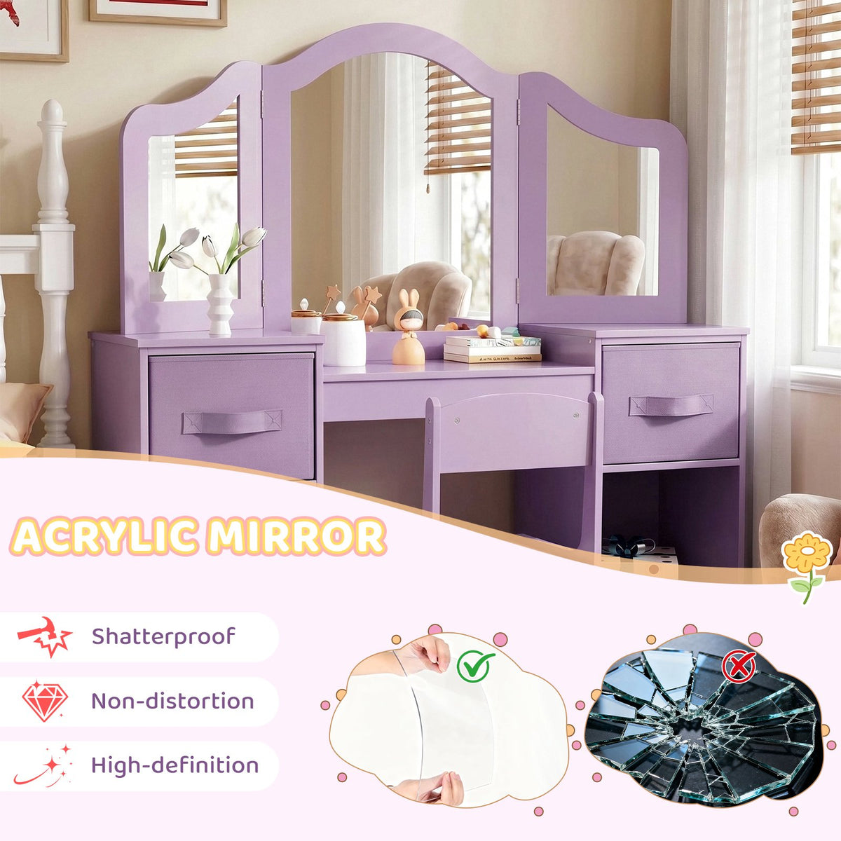 LAZY BUDDY Kids Vanity Set, 2 in 1 Princess Makeup Desk and Chair Set with Canvas Drawers Tri-Folding Detachable Mirror Large Storage Shelves, Wooden Dressing Table, Pretend Play Vanity Set