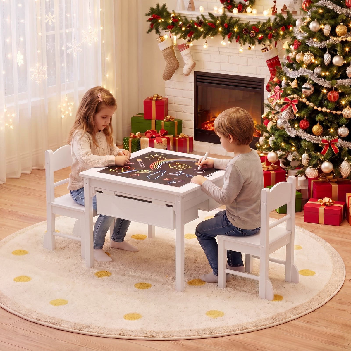 LAZY BUDDY Wooden Toddler Table and Chairs Set, Kids Play Activity Table Set with Reversible Tabletop & 2 Storage Drawers, for Drawing Reading Dining