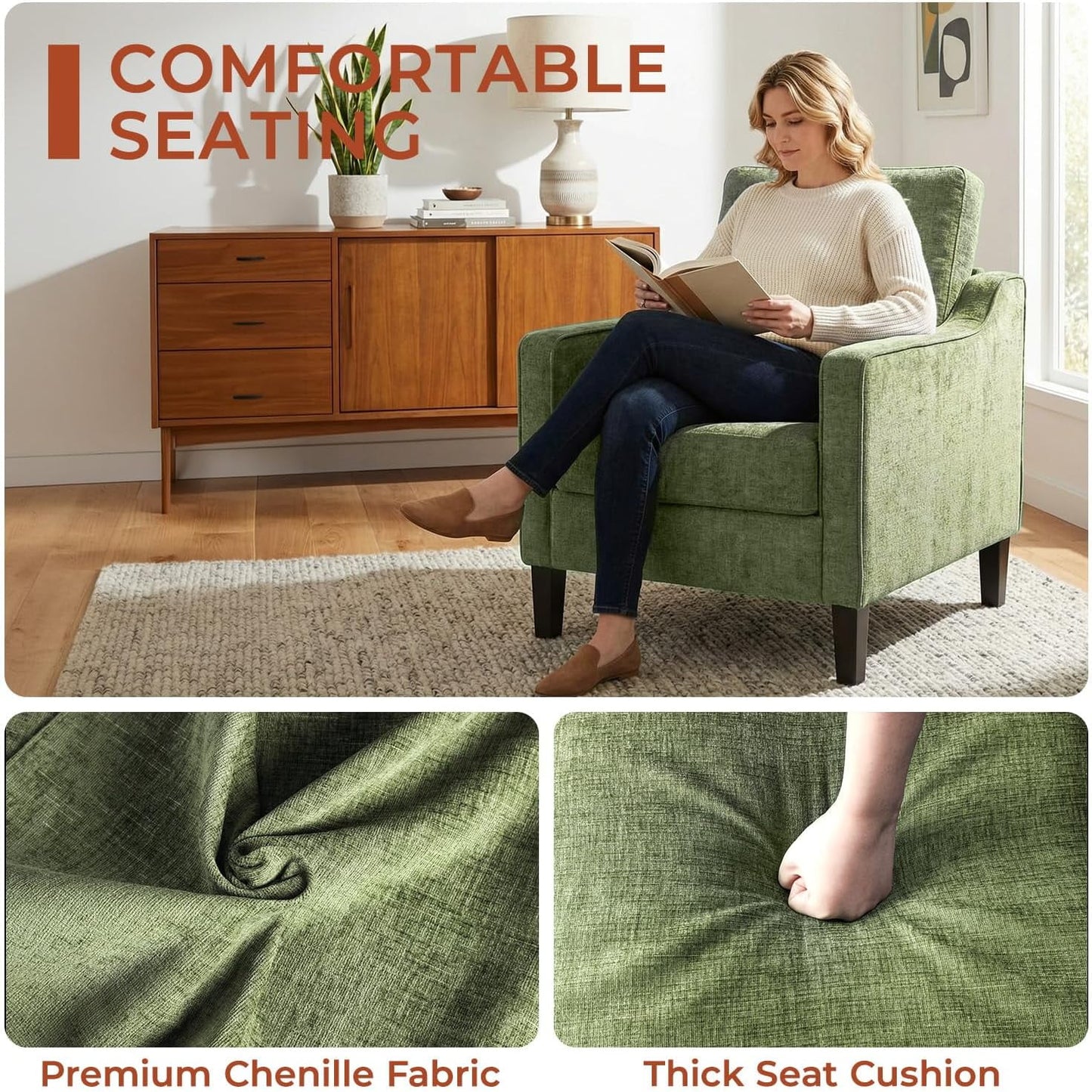 LAZY BUDDY Comfy Accent Chair for Living Room Bedroom and Waiting Room, Upholstered Mid-Century Reading Chair with Removable Cover & Wood Legs, Wide Singe Modern Lounge Sofa
