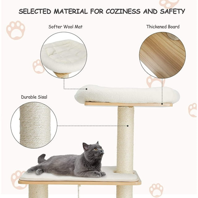 LAZY BUDDY 54.4'' Wooden Cat Tree Condo Multi-Level Cat Climbing Tower Activity Furniture with Scratching Post Washable Mat - Beige