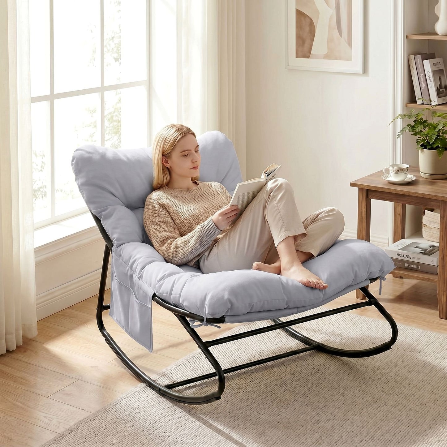 LAZY BUDDY Oversized Outdoor Rocking Chair, Comfy Papasan Rocker Chair with Thick Cushions for Living Room, Bedroom, Balcony, Patio