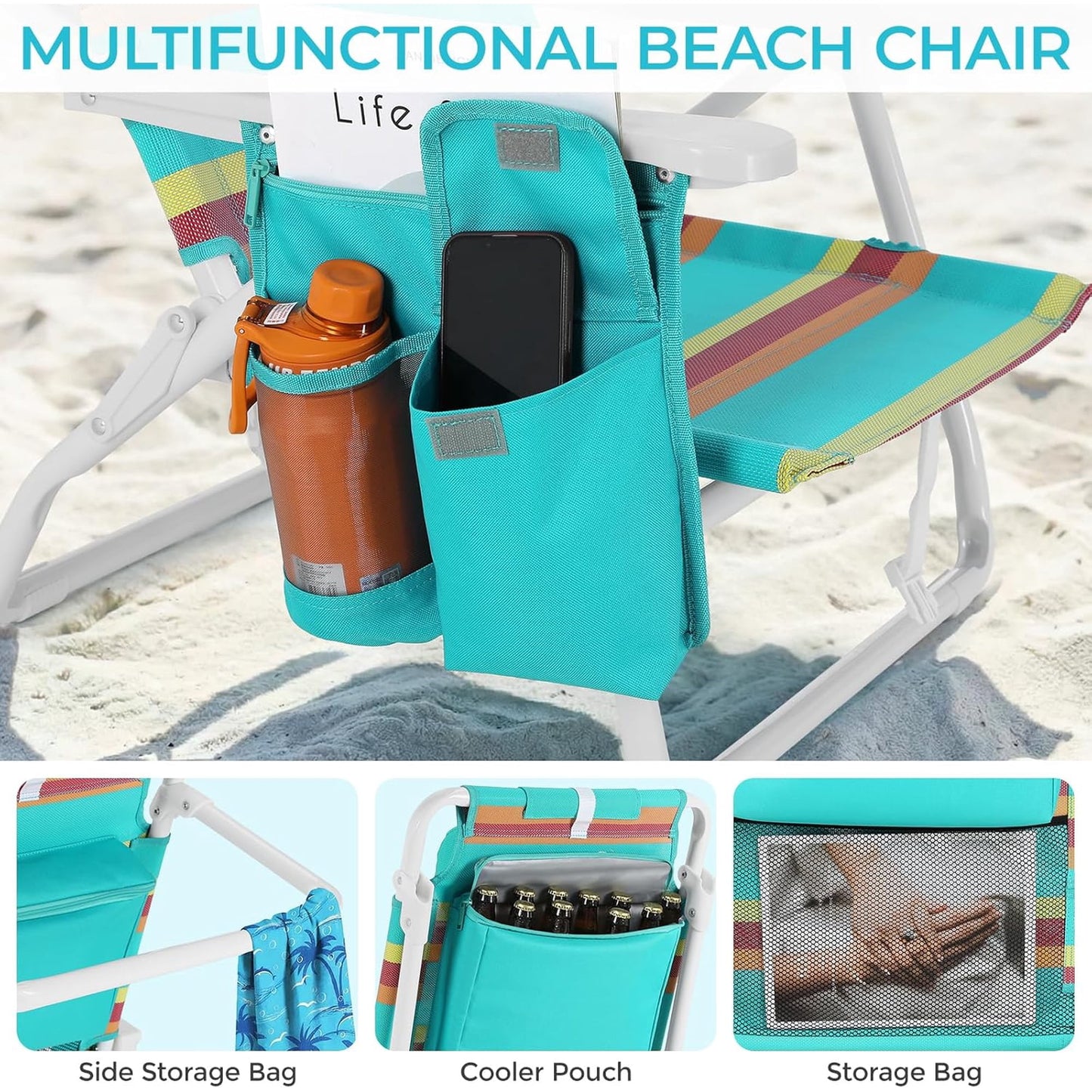 LAZY BUDDY  Low Beach Chair, Backpack Beach Chair for Adults with 5-Position, Lightweight Folding Beach Camping Chairs with Cup Holder, Storage Bag