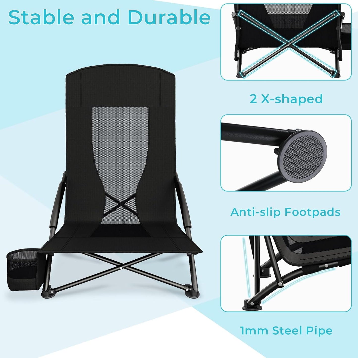 LAZY BUDDY High Back Beach Chair Set of 2, Portable Folding Low Seat Chair for Camping, Beach, Outdoor Concert, 350lbs