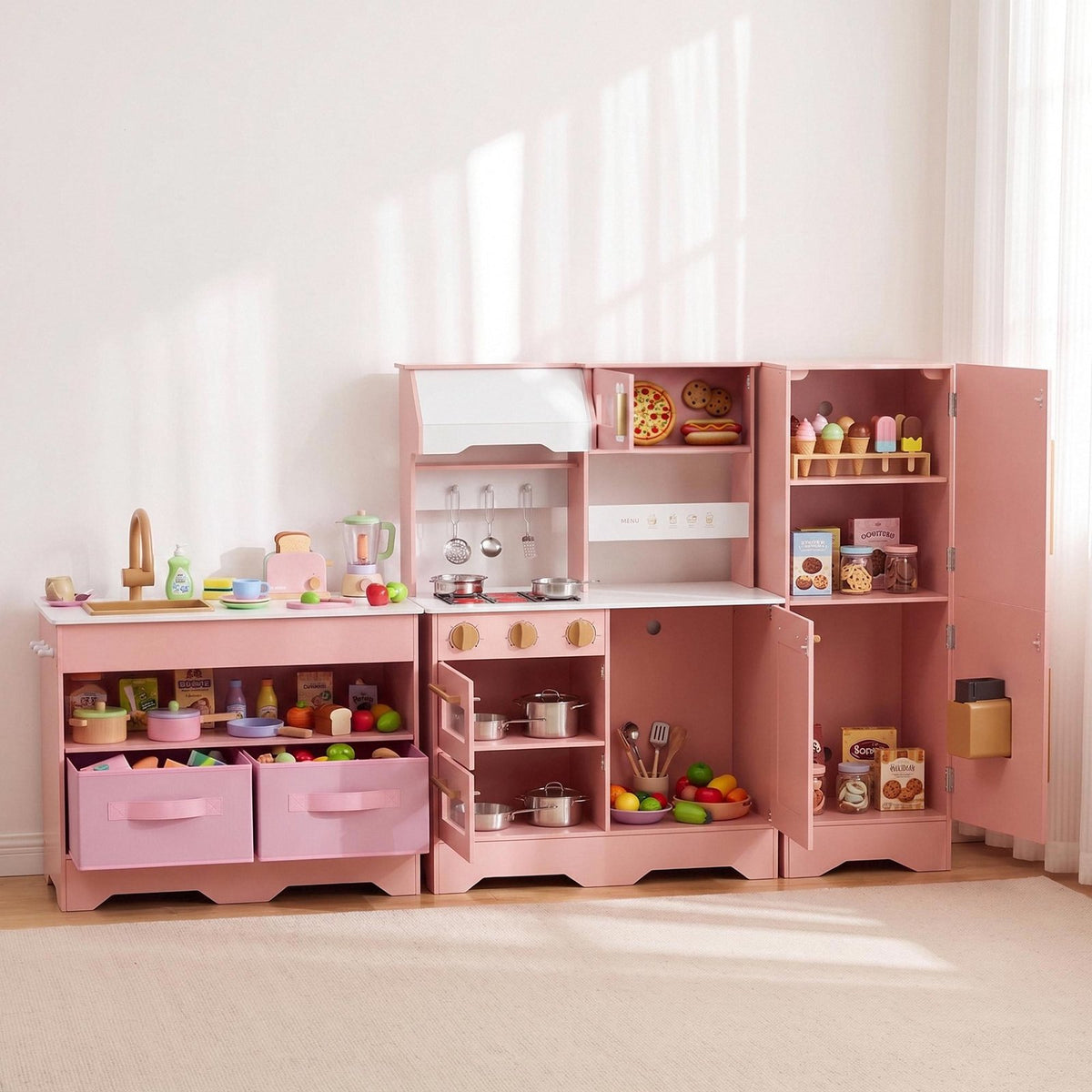 LAZY BUDDY Wooden Pretend Play Kitchen for Kids, 3-Piece Modular Kitchen Playset Toddler Interactive Toy Gift