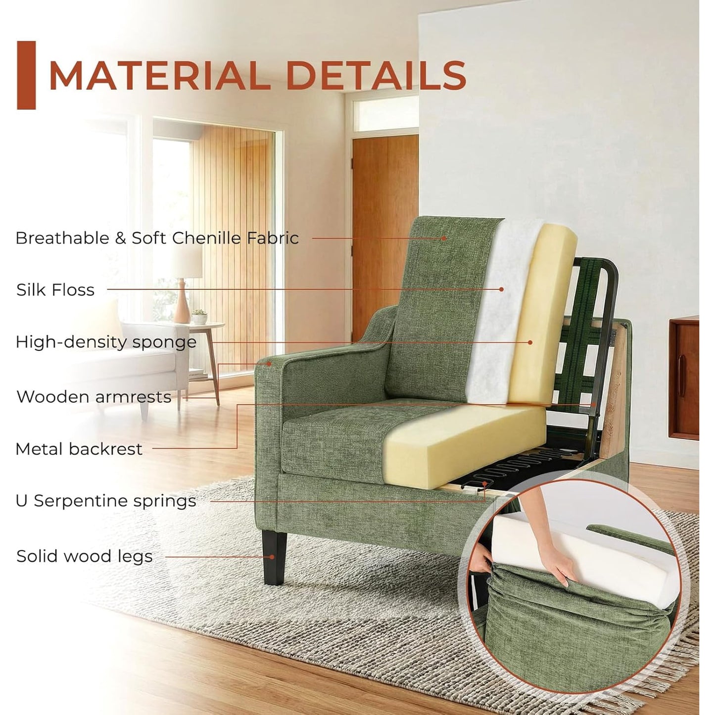 LAZY BUDDY Comfy Accent Chair for Living Room Bedroom and Waiting Room, Upholstered Mid-Century Reading Chair with Removable Cover & Wood Legs, Wide Singe Modern Lounge Sofa