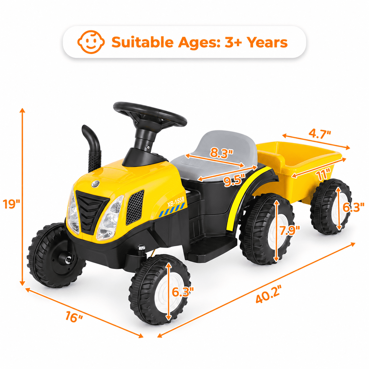 LAZY BUDDY 6V Kids Ride on Tractor with Trailer, Electric Ride on Toy for Children 3+. 55lbs