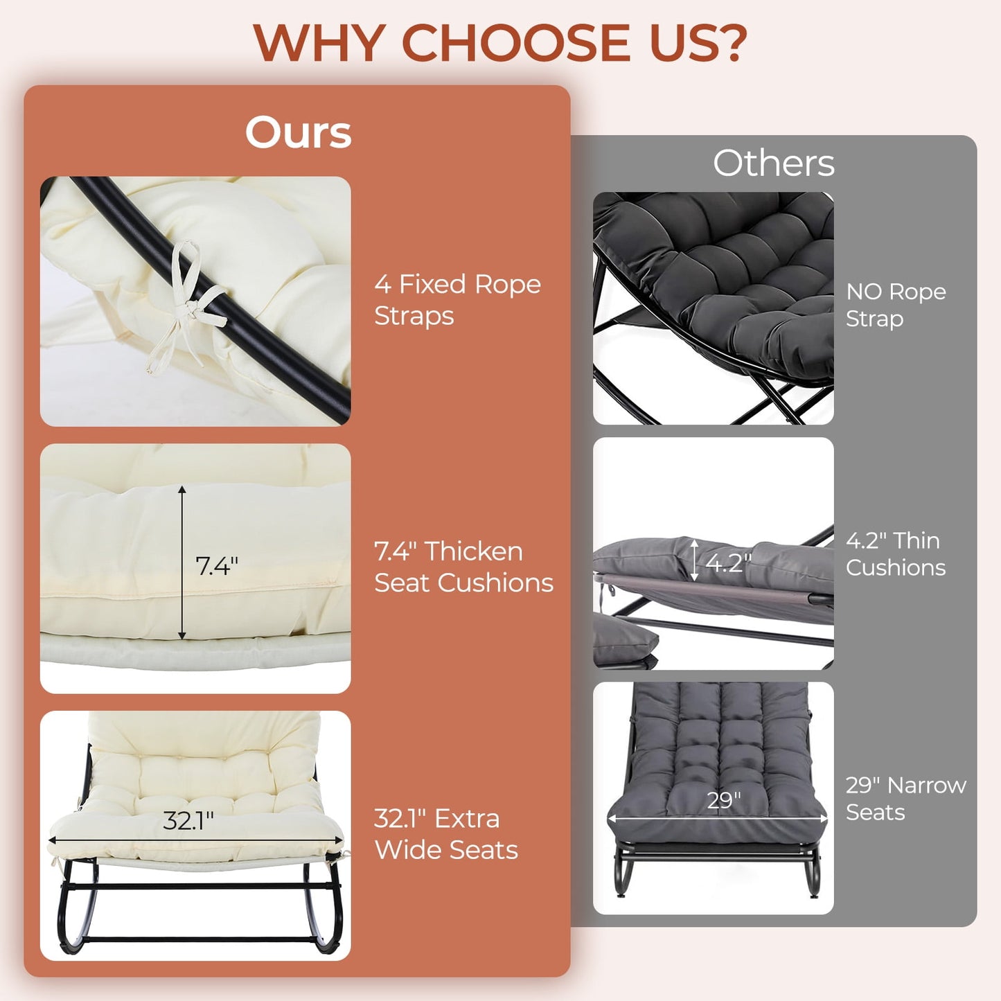 LAZY BUDDY Oversized Outdoor Rocking Chair, Comfy Papasan Rocker Chair with Thick Cushions for Living Room, Bedroom, Balcony, Patio