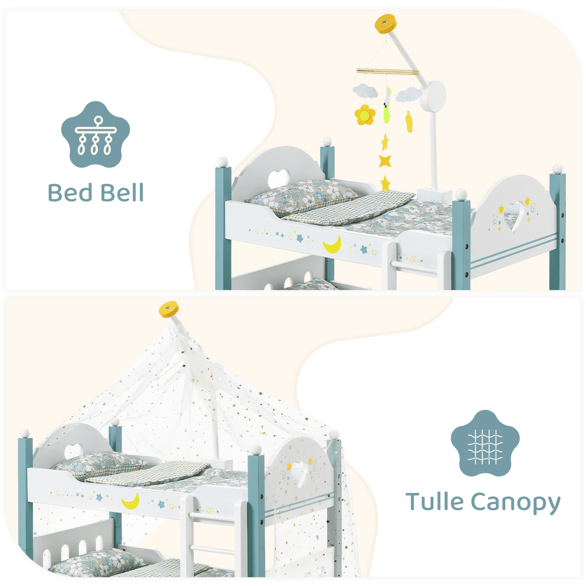 LAZY BUDDY Wooden Bunk Bed for Dolls up to 19in, Baby Dolls Crib with Bedding, Pretend Play Toy for Kids 3+