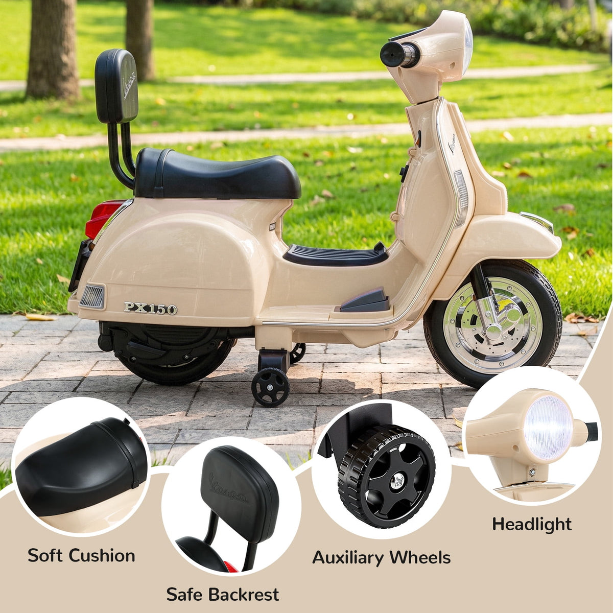LAZY BUDDY Licensed Vespa Ride on Scooter, 6V Electric Motorcycle for Kids with Training Wheels, LED Headlight, Ride on Toy Gift for 3+