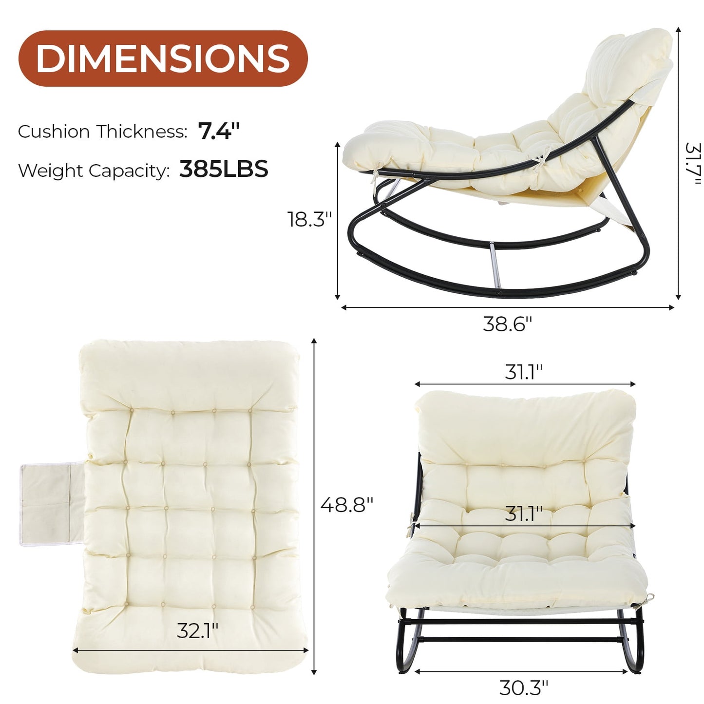 LAZY BUDDY Oversized Outdoor Rocking Chair, Comfy Papasan Rocker Chair with Thick Cushions for Living Room, Bedroom, Balcony, Patio