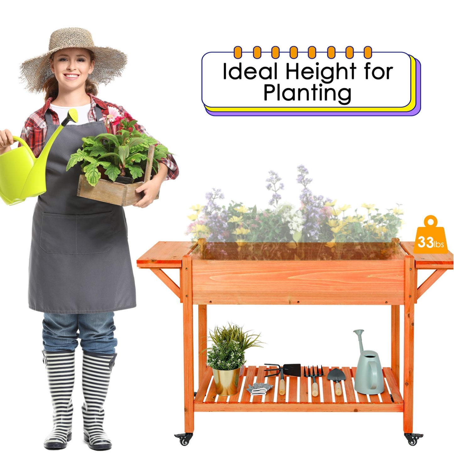 LAZY BUDDY 57"x20"x33" Mobile Raised Garden Bed Outdoor Elevated Planter Box W/Legs, Side Tables, Lockable Wheels