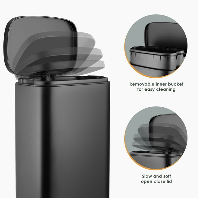 LAZY BUDDY 8 gal Stainless Steel Kitchen Trash Can Black Garbage Bin with Lid - 5 Colors