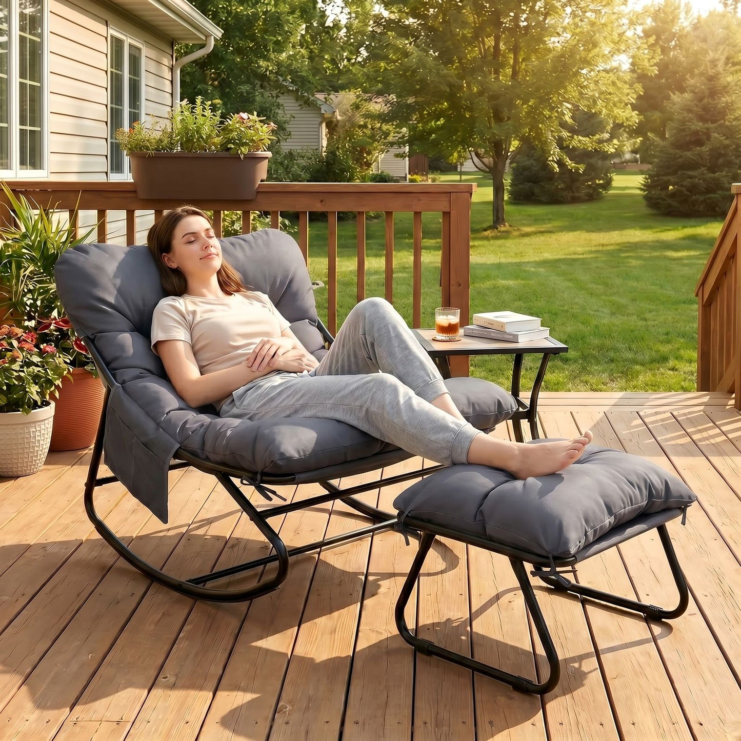 LAZY BUDDY Large Papasan Rocking Chair with Ottoman, Patio Lounge Chair Rocker with 7.4'' Thick Cushion, for Indoor Outdoor Use