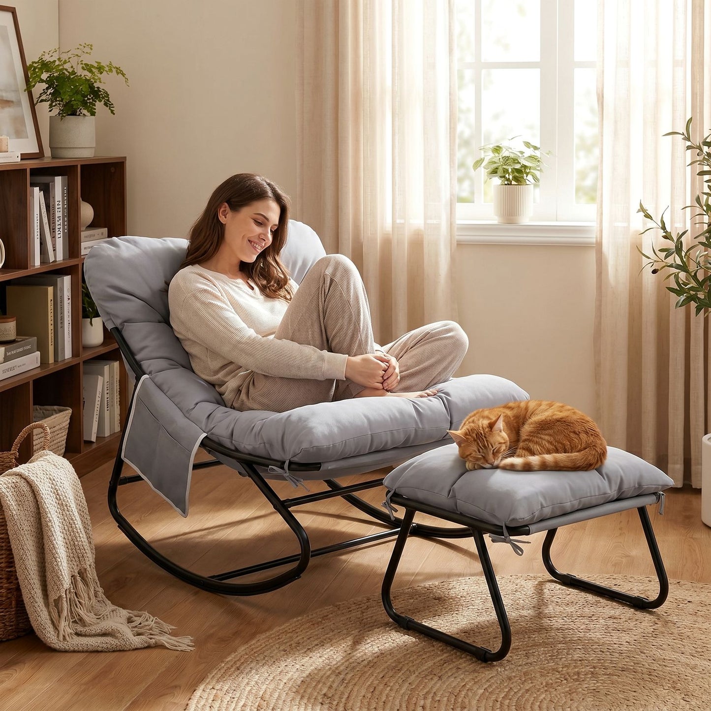 LAZY BUDDY Large Papasan Rocking Chair with Ottoman, Patio Lounge Chair Rocker with 7.4'' Thick Cushion, for Indoor Outdoor Use