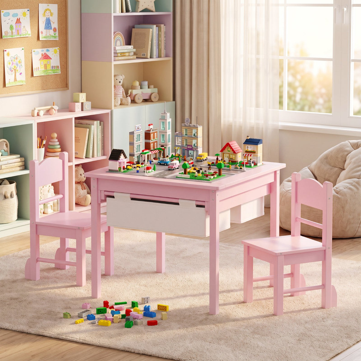 LAZY BUDDY Wooden Toddler Table and Chairs Set, Kids Play Activity Table Set with Reversible Tabletop & 2 Storage Drawers, for Drawing Reading Dining