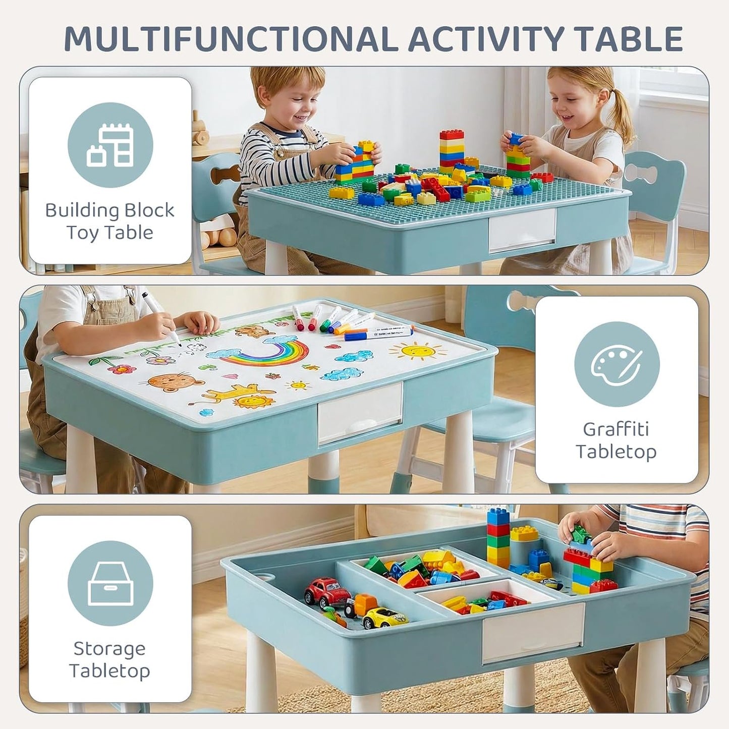 LAZY BUDDY Kids Table and Chairs Set with Storage, Height Adjustable Toddler Activity Table and 2 Chairs Set with 2 in 1 Graffiti/Block Building Desktop, for Playroom, Preschool, Classroom