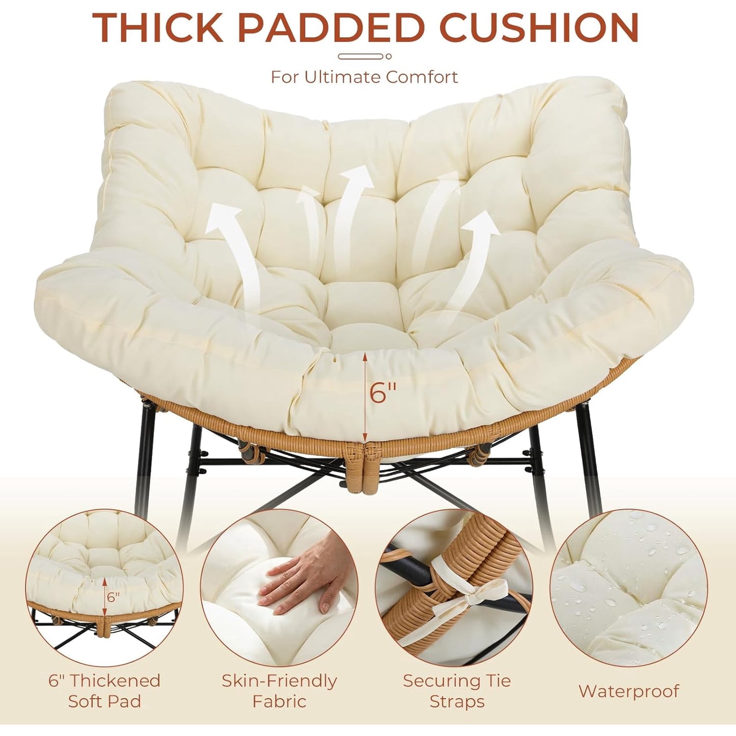 LAZY BUDDY Outdoor Papasan Rocking Chair, Oversized Lounge Chair Rocker with Thick Cushion, for Patio, Balcony, Porch and Indoor