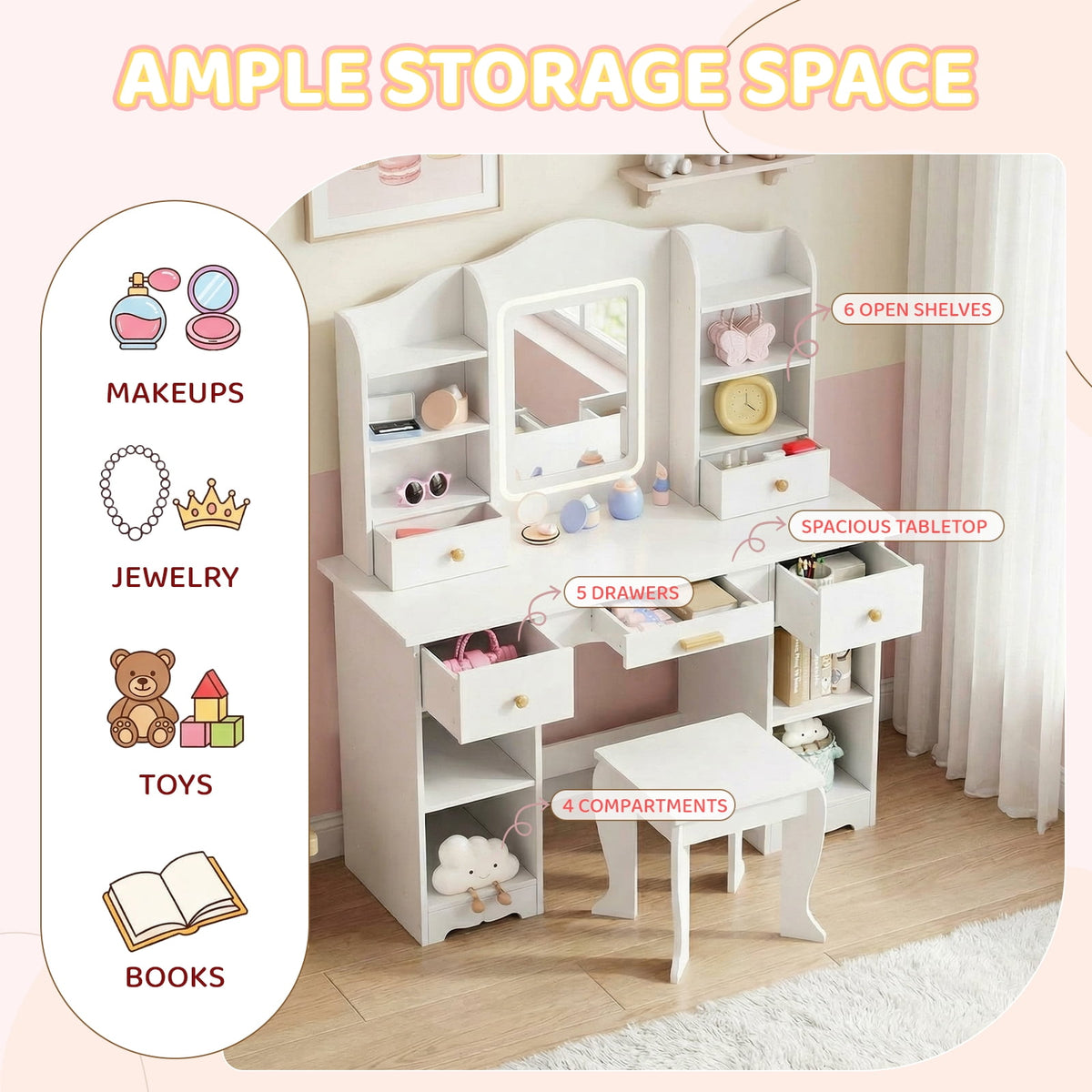 LAZY BUDDY Wooden Kids Vanity Table with Lights, Mirror and Stool, 2 in 1 Toddler Pretend Play Dressing Table with Drawers & Open Shelves for Little Girls
