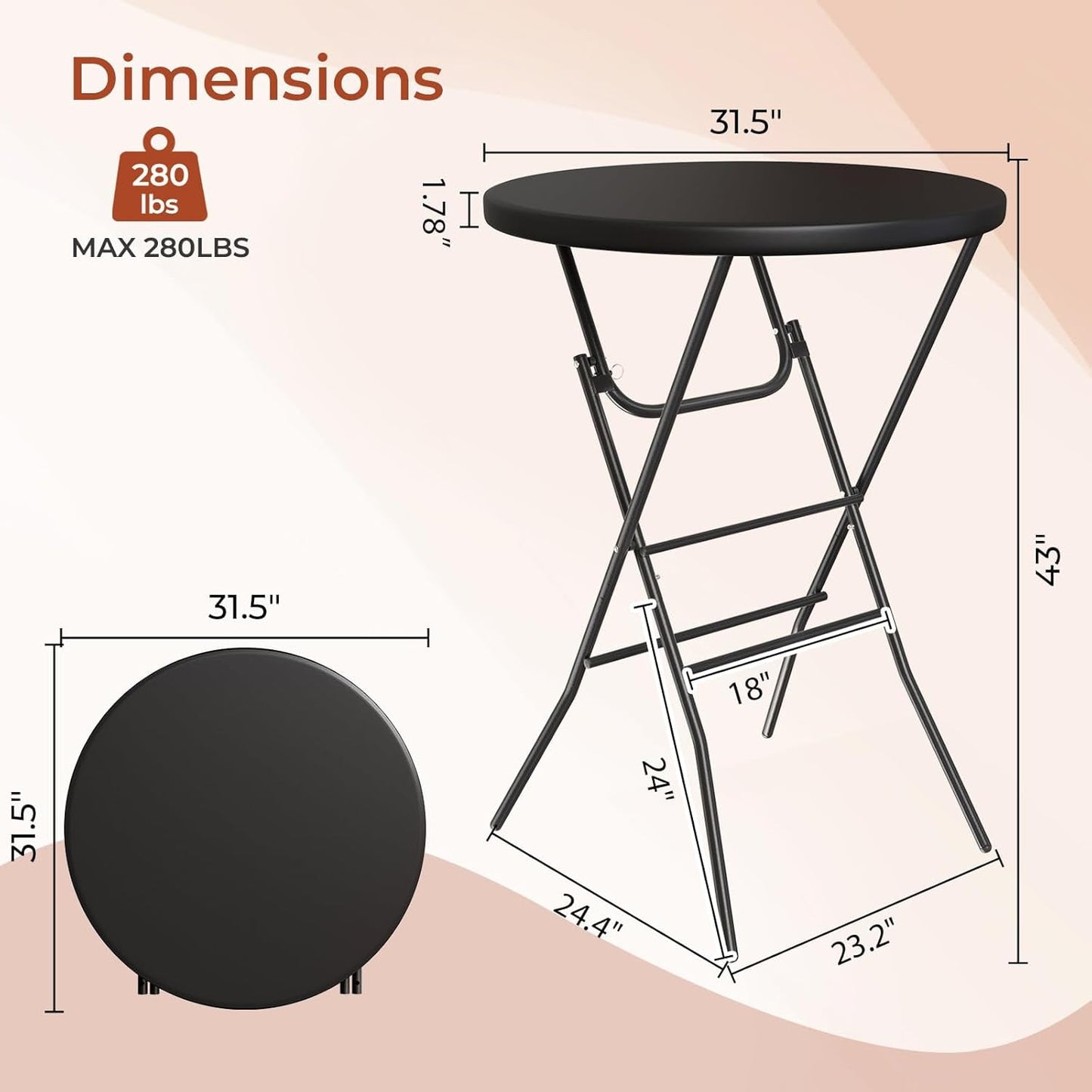 LAZY BUDDY 32'' Round Folding Table, Portable Bar Height Table with Detachable Legs, Cocktail Table with Plastic Top for Standing Parties, Event, Indoor Outdoor Use