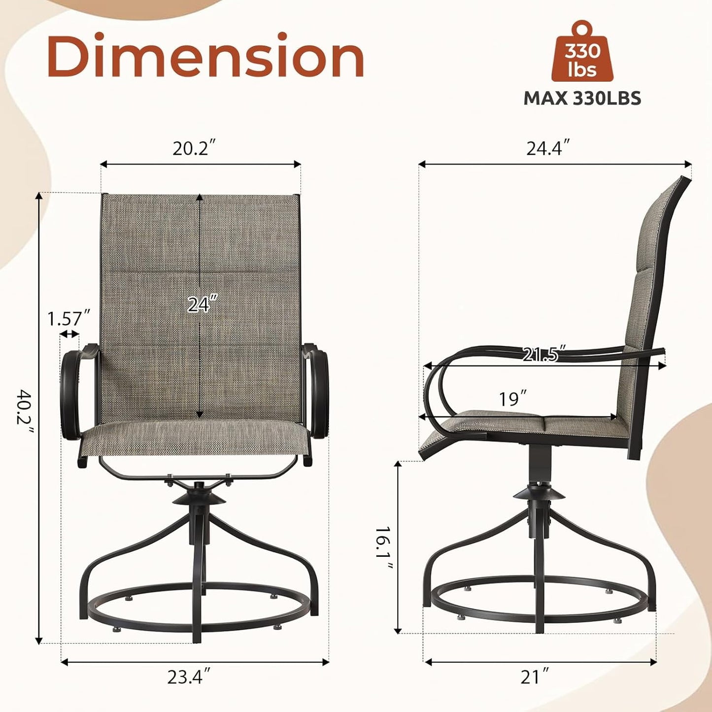 LAZY BUDDY Padded Patio Swivel Chairs Set of 2/4, Heavy Duty Outdoor Dining Chairs with Textilene & Metal Frame, High Back, 330lbs