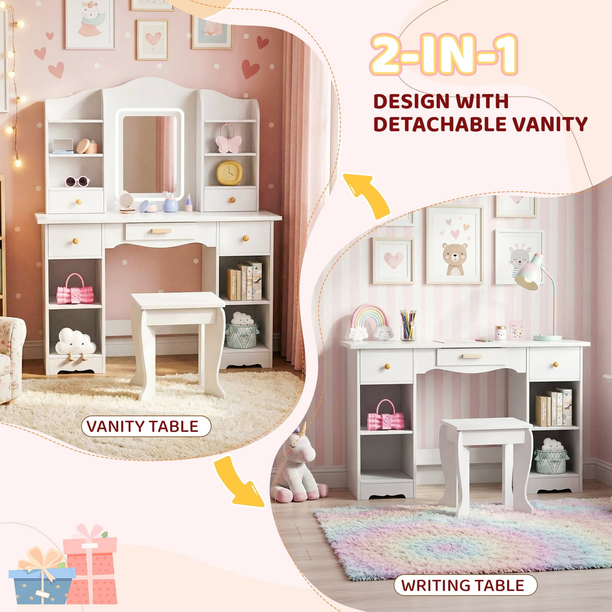 LAZY BUDDY Wooden Kids Vanity Table with Lights, Mirror and Stool, 2 in 1 Toddler Pretend Play Dressing Table with Drawers & Open Shelves for Little Girls