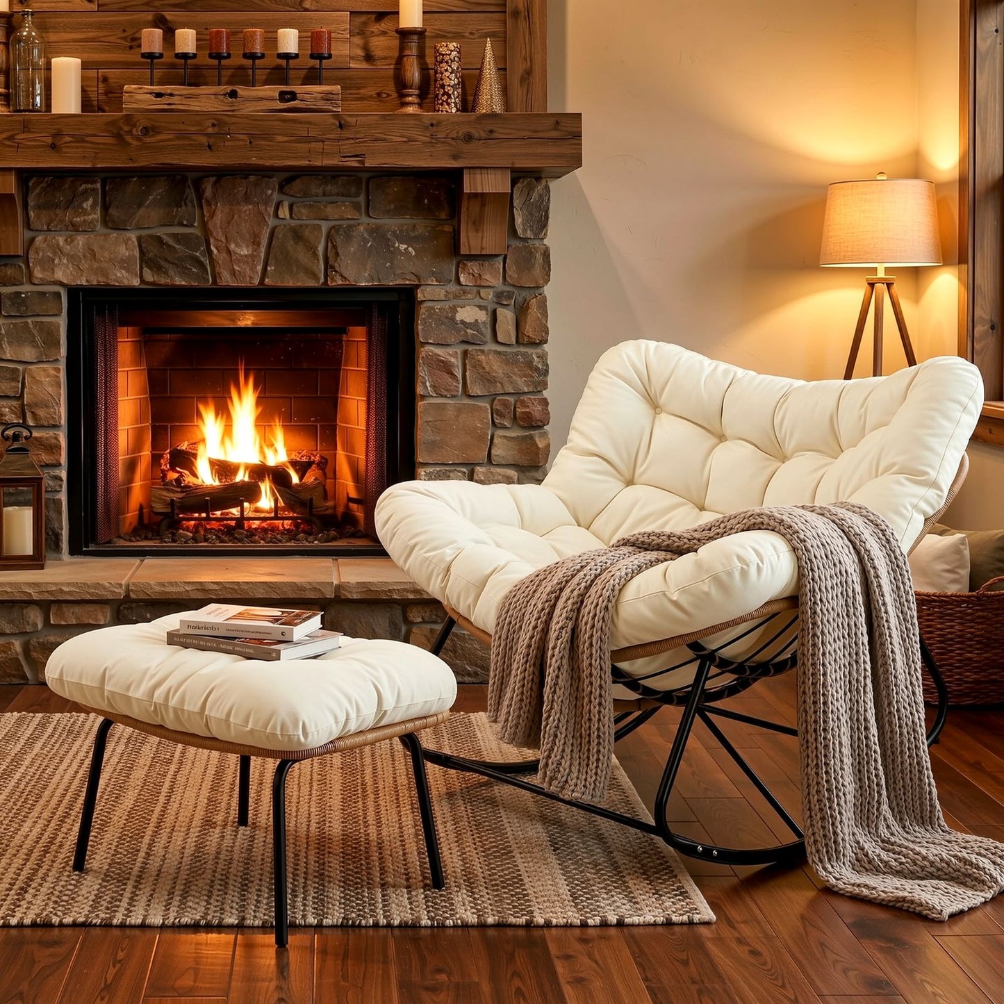 LAZY BUDDY Outdoor Rocking Chair with Ottoman, Oversized Papasan Rocking Chair with Thick Cushion, Indoor Outdoor Cozy Rocker for Balcony, Living Room, Patio