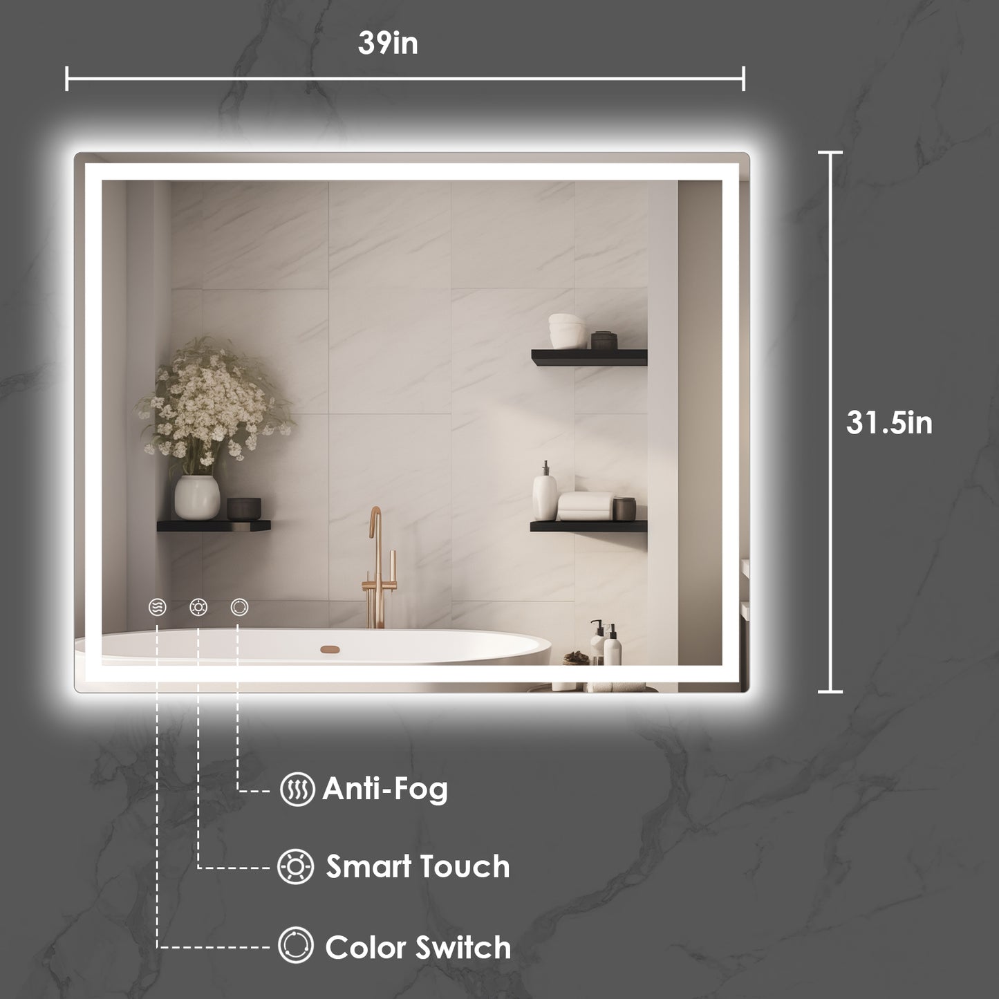 LAZY BUDDY Anti-fog Wall Mounted Lighted Vanity Mirror LED Bathroom Mirror Waterproof, Rectangle Silver