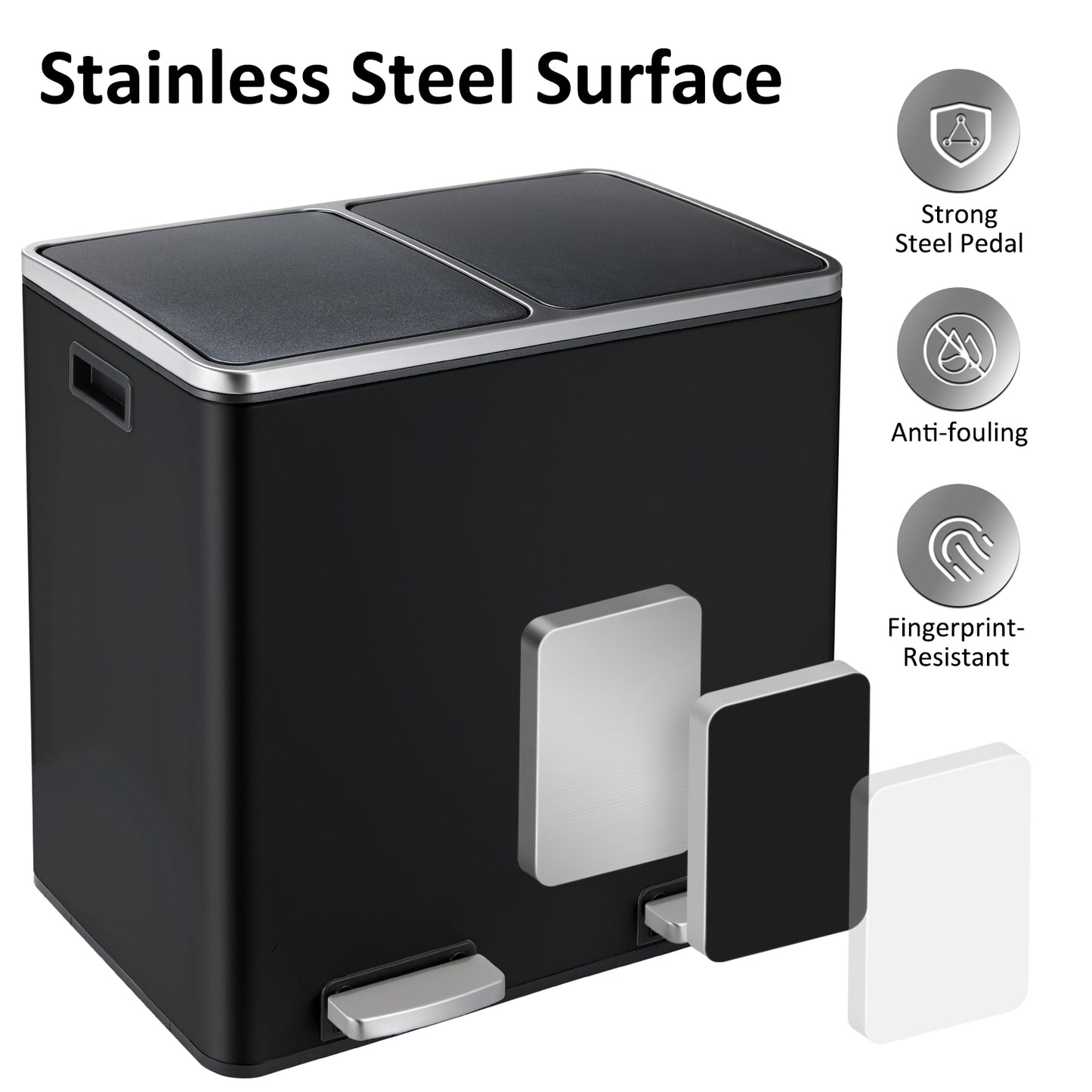 LAZY BUDDY Dual Step Trash Can Stainless Steel Kitchen Recycle Bin with Lid Black Pedal Bin for Kitchen, Living Room, Office