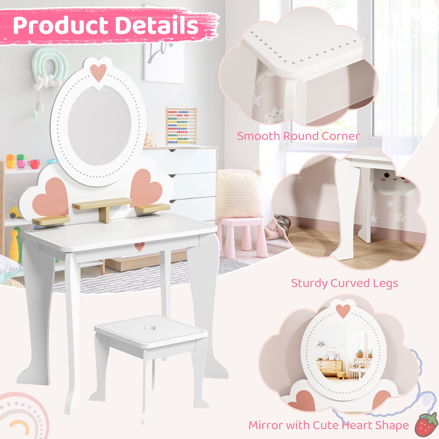 LAZY BUDDY Kids Vanity Set, Wooden Vanity Table and Chair with Mirror, Including 8pcs Pretend Play Makeup Accessories, Princess Dressing Makeup Table for Girls 3+