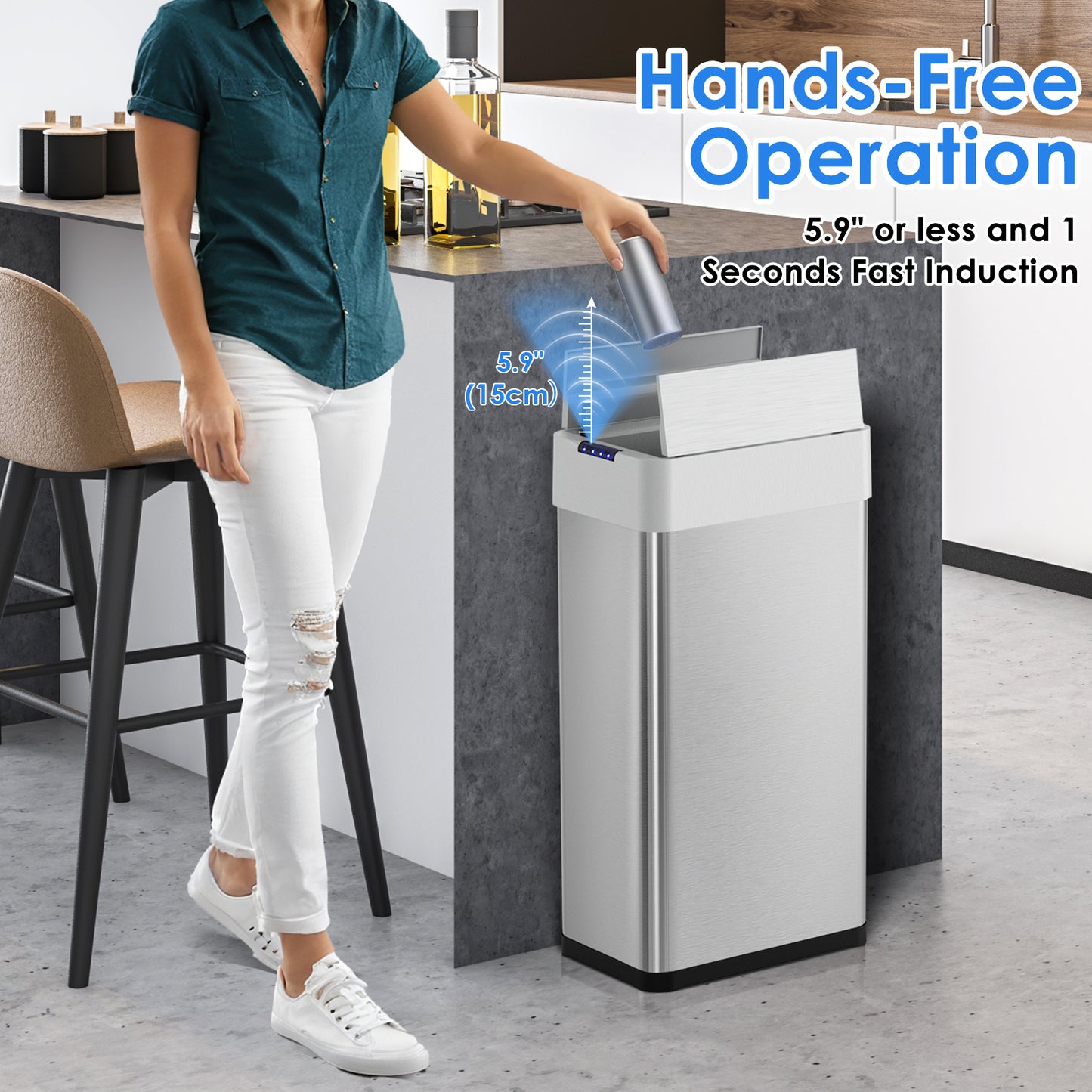 LAZY BUDDY 18.5/21.1 Gal Automatic Trash Can, Motion Sensor Garbage Bin W/ Soft-Close, Wings-Open Kitchen Trash Can for Living, Dining room, Kitchen, Silver Stainless Steel