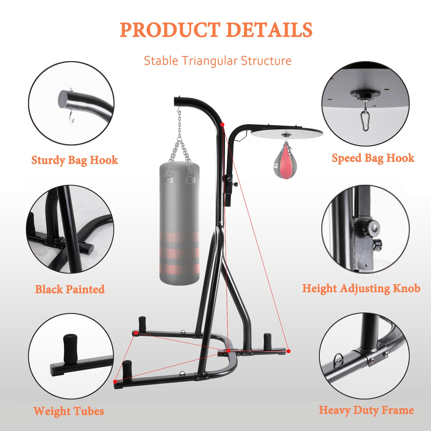 LAZY BUDDY Heavy Punching Bag Stand, Height Adjustable Boxing Stand for Heavy Bag and Speed Bag, with 3 Plate Pegs