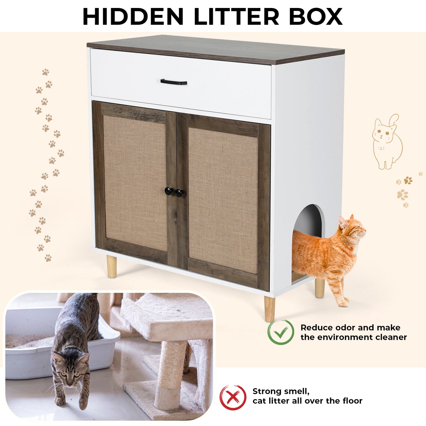 LAZY BUDDY Cat Litter Box Enclosure, Wooden Hidden Litter Box Furniture with Large Drawer and 2 Sisal Doors