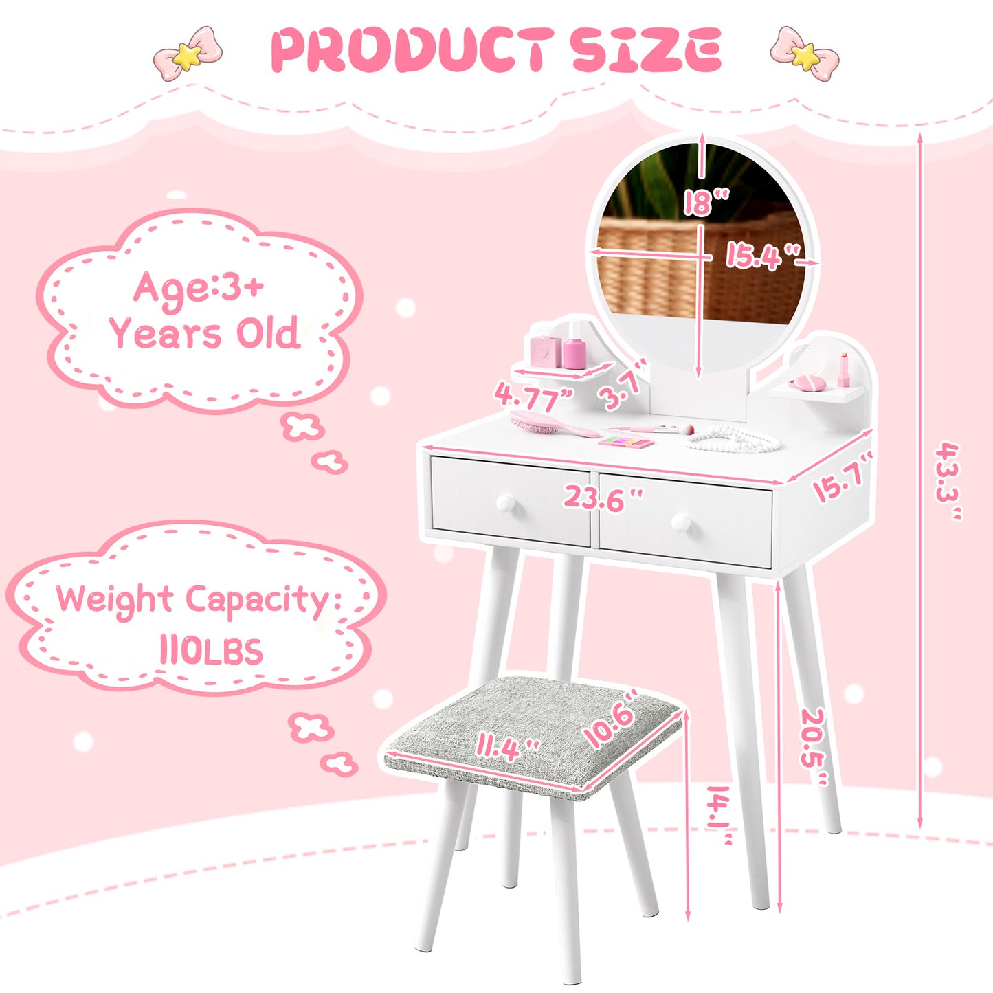 LAZY BUDDY Wooden Kids Vanity Set with Stool and Mirror, Girls Princess Makeup Desk Dressing Table with Drawers for Toddlers 3+