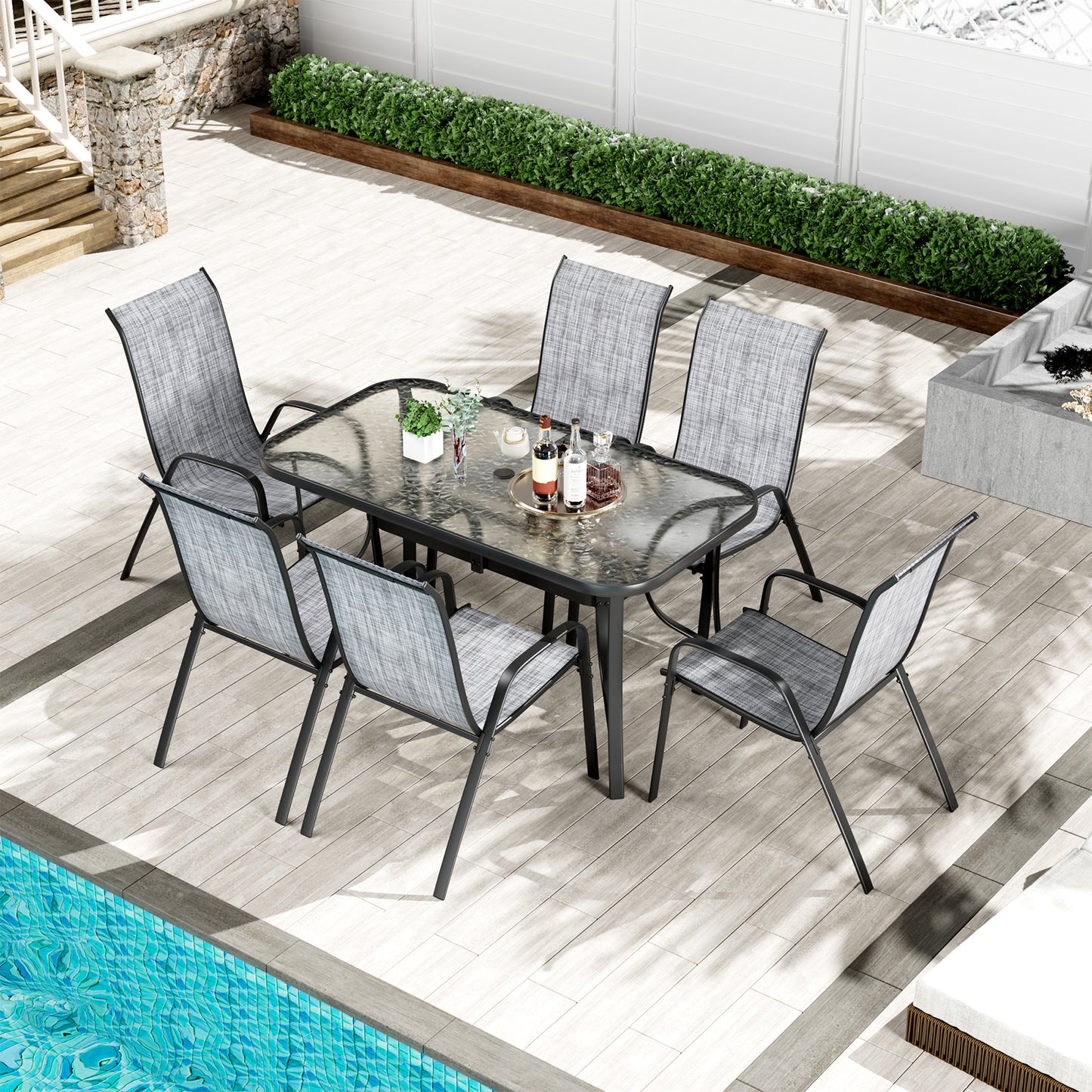 LAZY BUDDY Patio Dining Set of 7 with Umbrella Hole, Outdoor Furniture Table and 6 Textilene Chairs for Lawn, Backyard, Deck, 330LBS