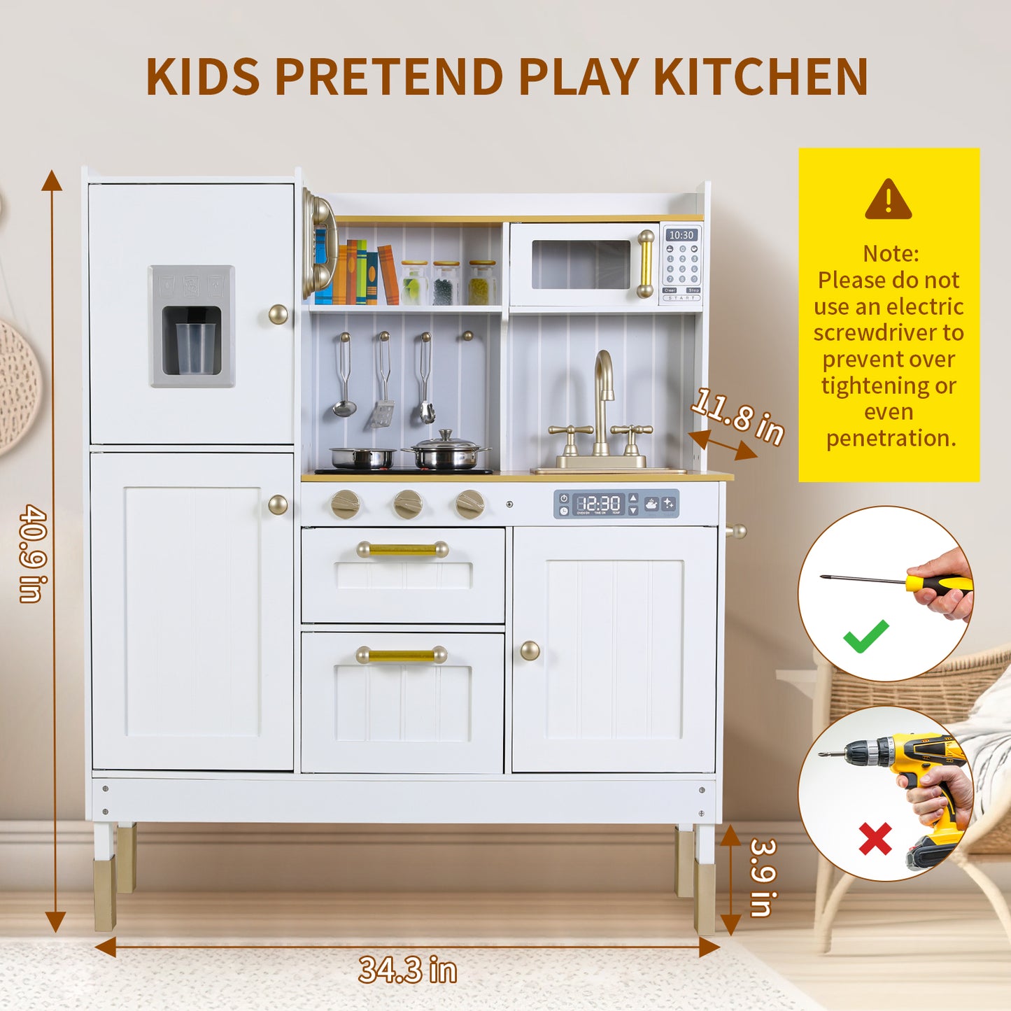 LAZY BUDDY Wooden Pretend Play Kitchen With Lights & Sounds, Telephone, Stove, Fridge, Microwave, Removable Sink, Ice Maker & Cookware Accessories