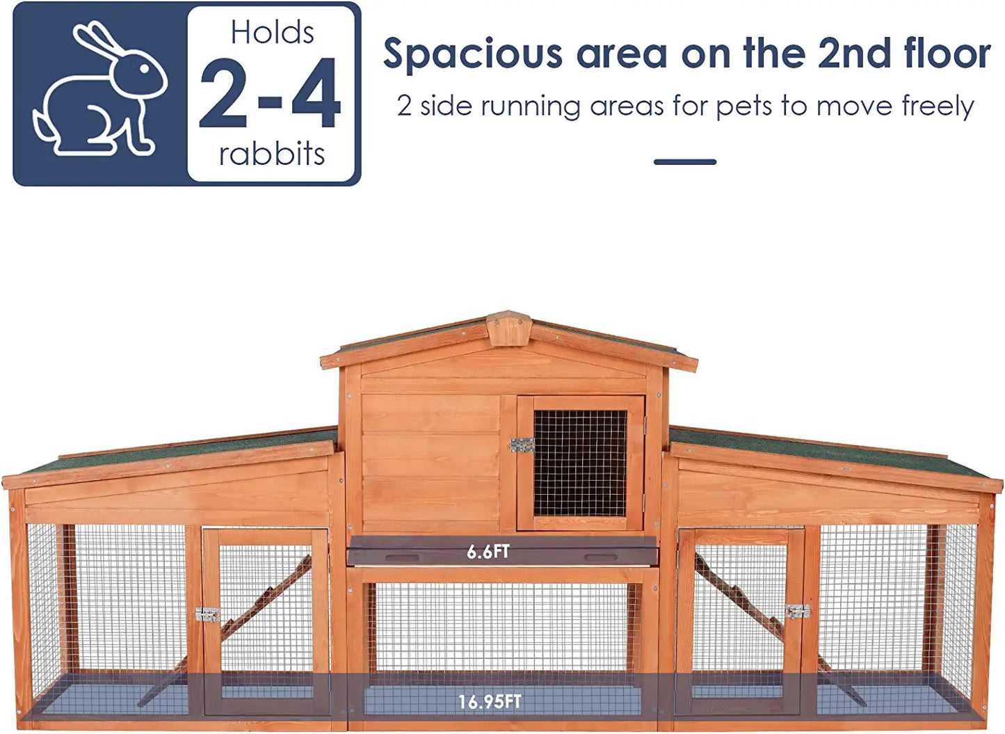 LAZY BUDDY 82.7'' Large Rabbit Hutch, Wooden Rabbit Cage Outdoor Backyard Bunny Cage with Ramps, Waterproof Roof