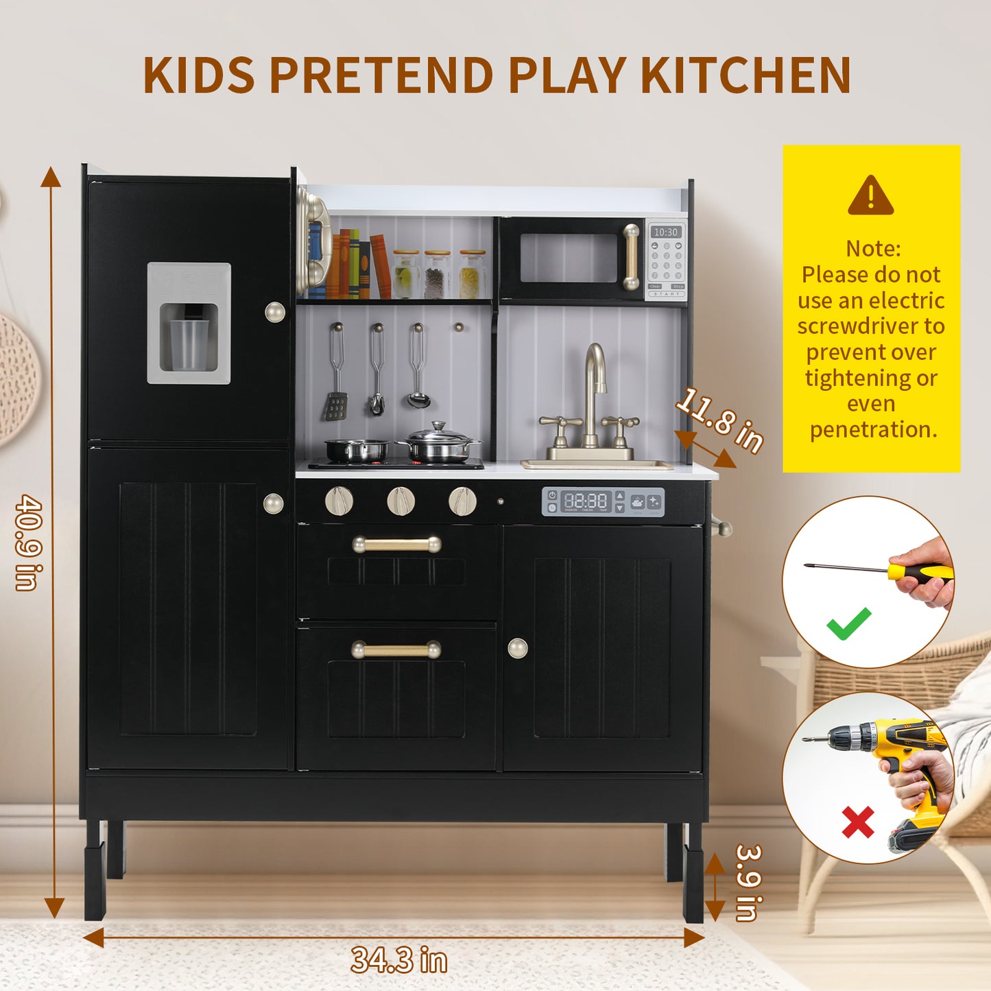 LAZY BUDDY Wooden Pretend Play Kitchen With Lights & Sounds, Telephone, Stove, Fridge, Microwave, Removable Sink, Ice Maker & Cookware Accessories