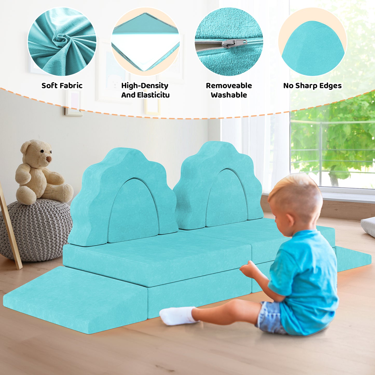 LAZY BUDDY 10PCS Modular Kids Play Couch Set, Child Sectional Sofa, Large Toddler Sofas for 0-3 Years Convertible Foam Cushion Couch for Playroom