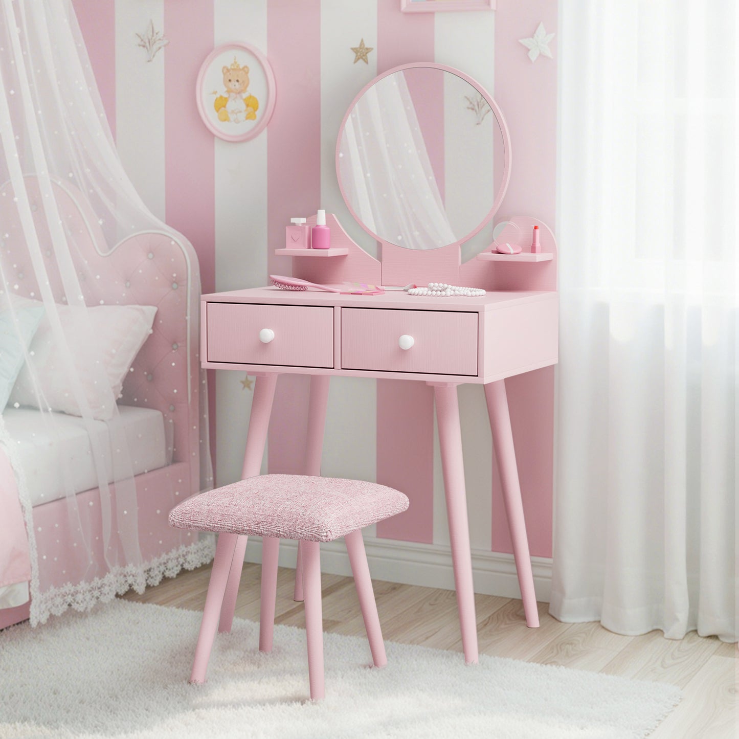 LAZY BUDDY Wooden Kids Vanity Set with Stool and Mirror, Girls Princess Makeup Desk Dressing Table with Drawers for Toddlers 3+