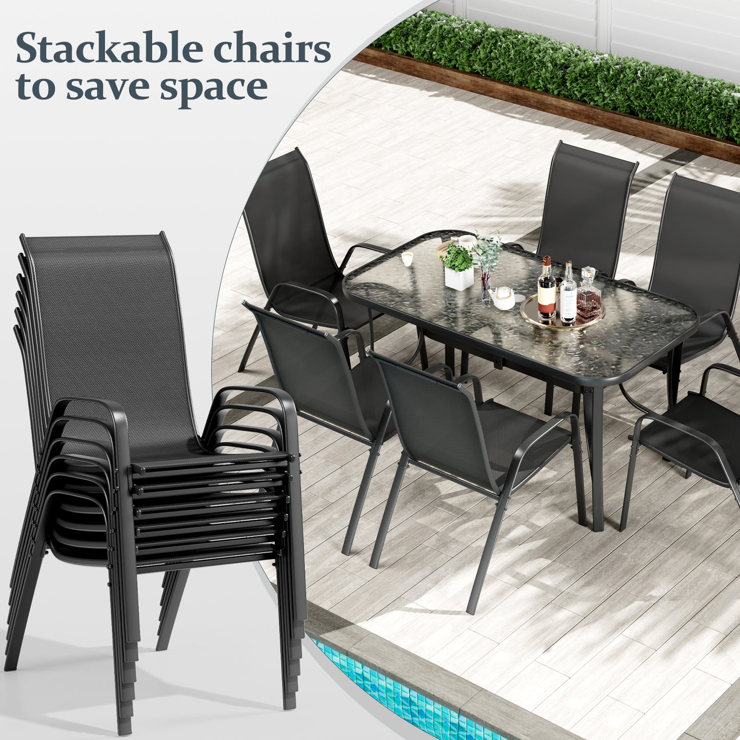 LAZY BUDDY Patio Dining Set of 7 with Umbrella Hole, Outdoor Furniture Table and 6 Textilene Chairs for Lawn, Backyard, Deck, 330LBS