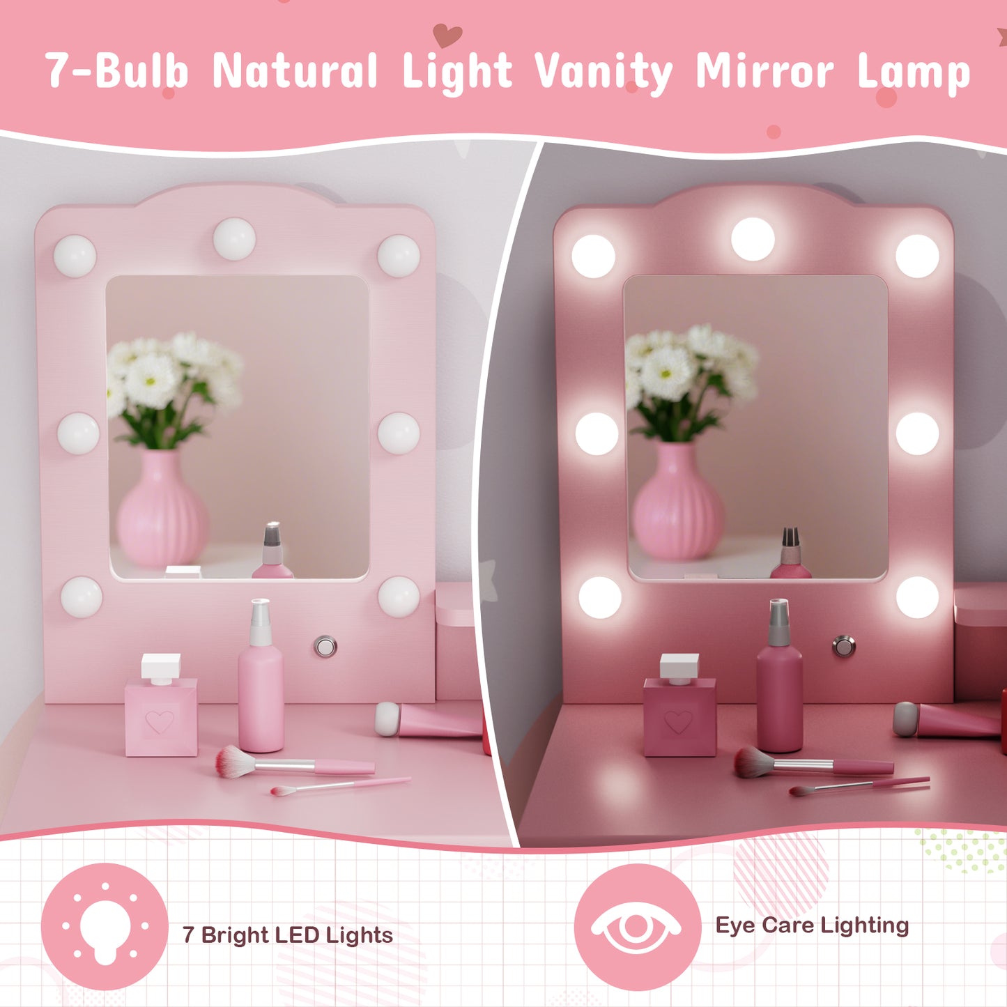 LAZY BUDDY Kids Vanity Set with Lights, Toddler Vanity Table with Mirror and Stool, Wooden Makeup Dressing Table for Children 3+